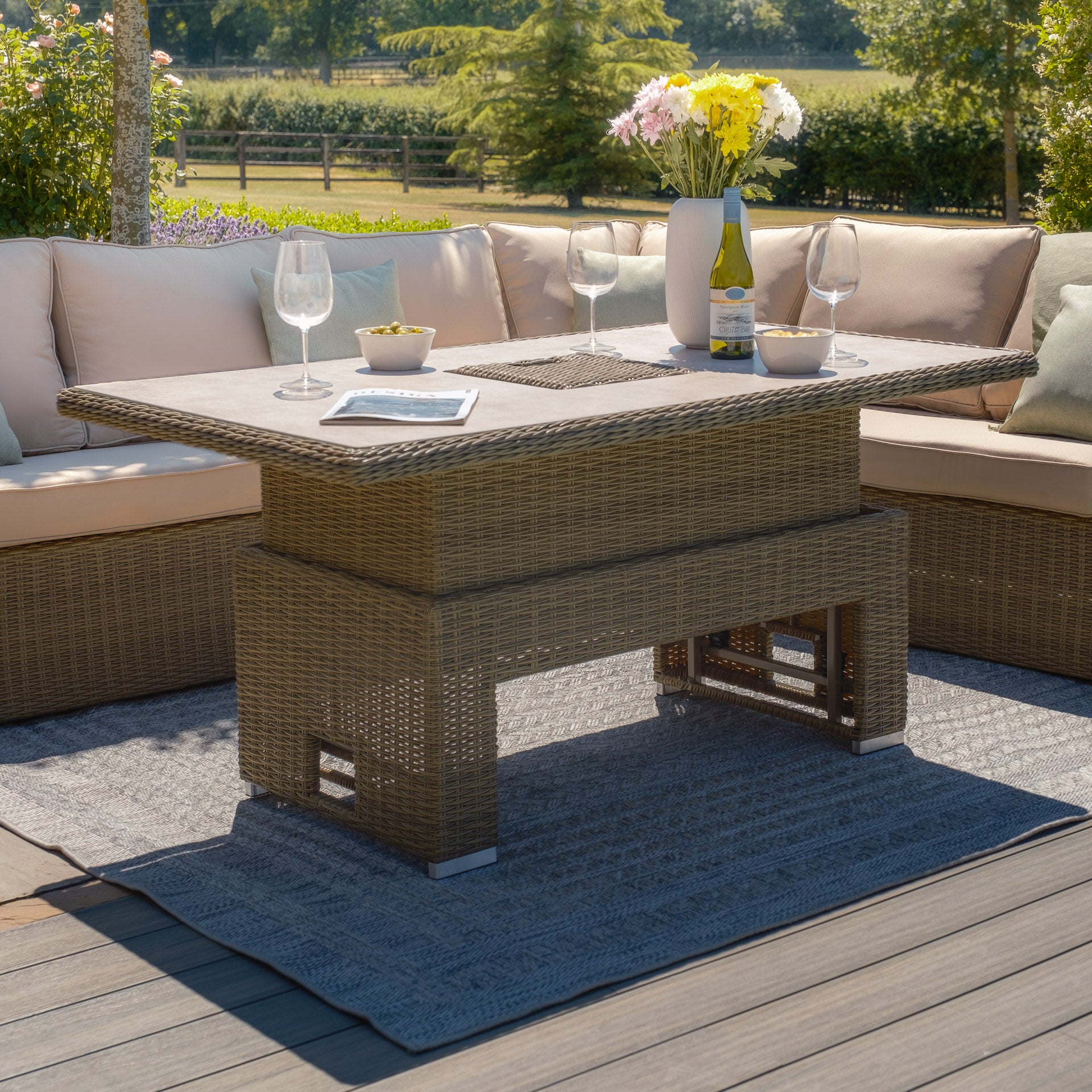 Winchester Deluxe Corner Dining Set with Rising Table & Armchair - Ceramic Glass