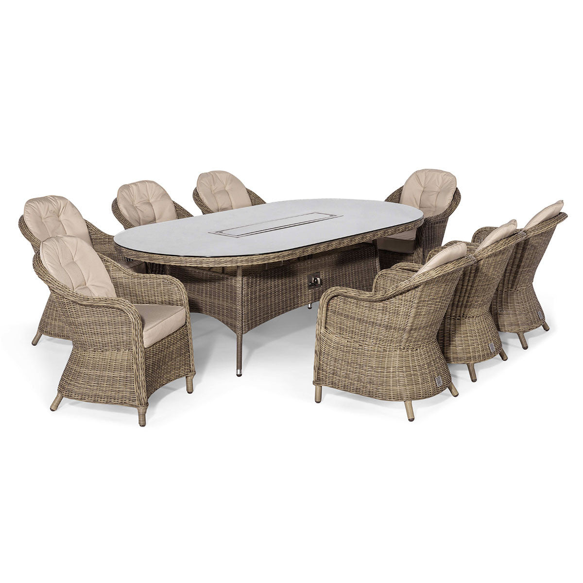 Winchester Brown Rattan Outdoor Oval Dining Set Fire Pit Table with Heritage Chairs | 8 Seater