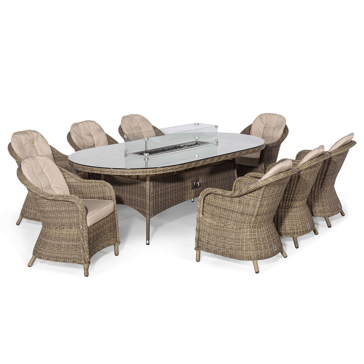 Winchester Brown Rattan Outdoor Oval Dining Set Fire Pit Table with Heritage Chairs | 8 Seater