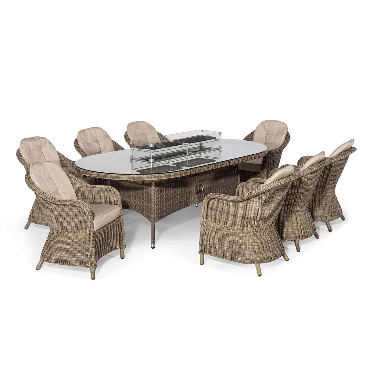 Winchester Brown Rattan Outdoor Oval Dining Set Fire Pit Table with Heritage Chairs | 8 Seater