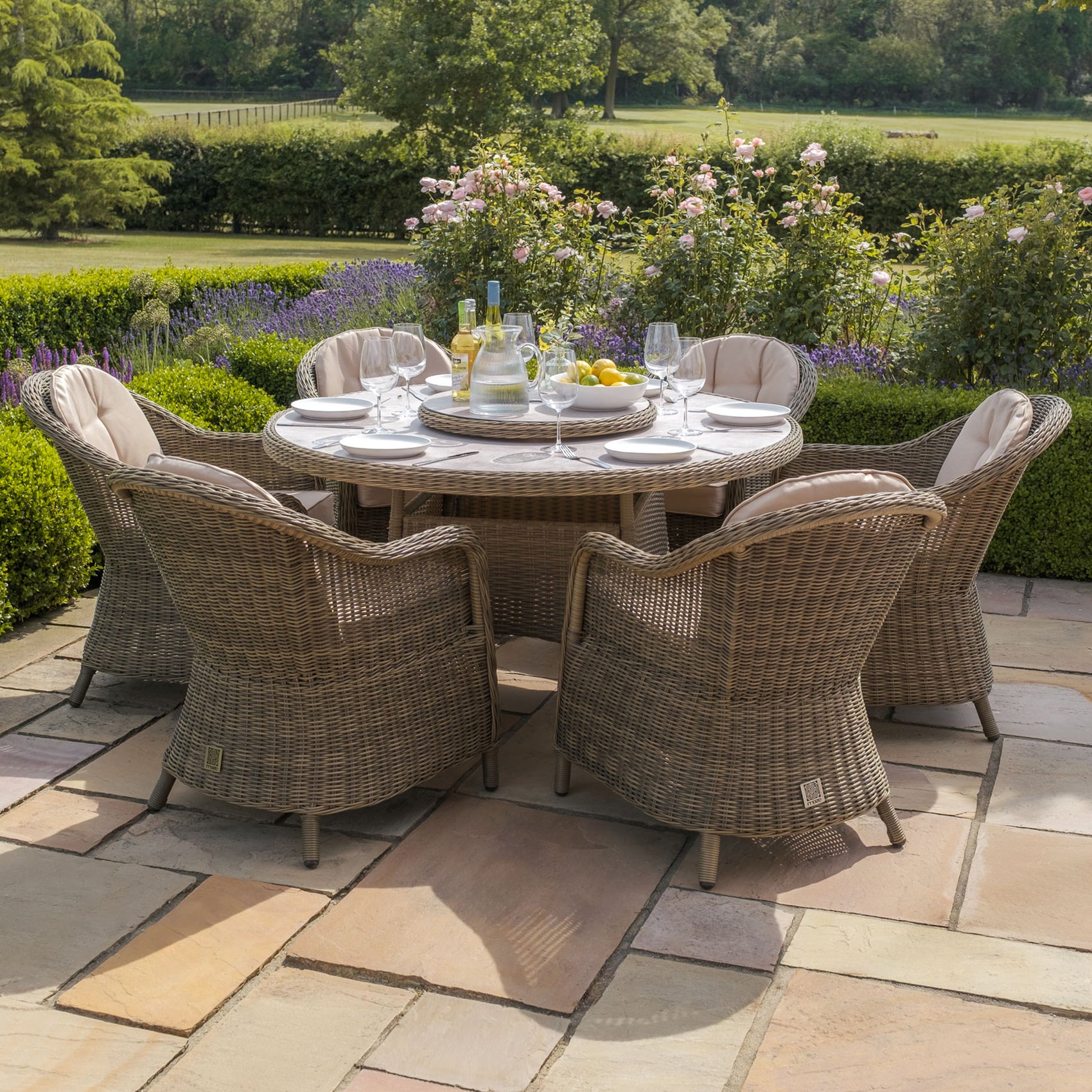 Winchester 6 Seater Round Dining Set with Heritage Chairs & Lazy Susan - Ceramic Glass
