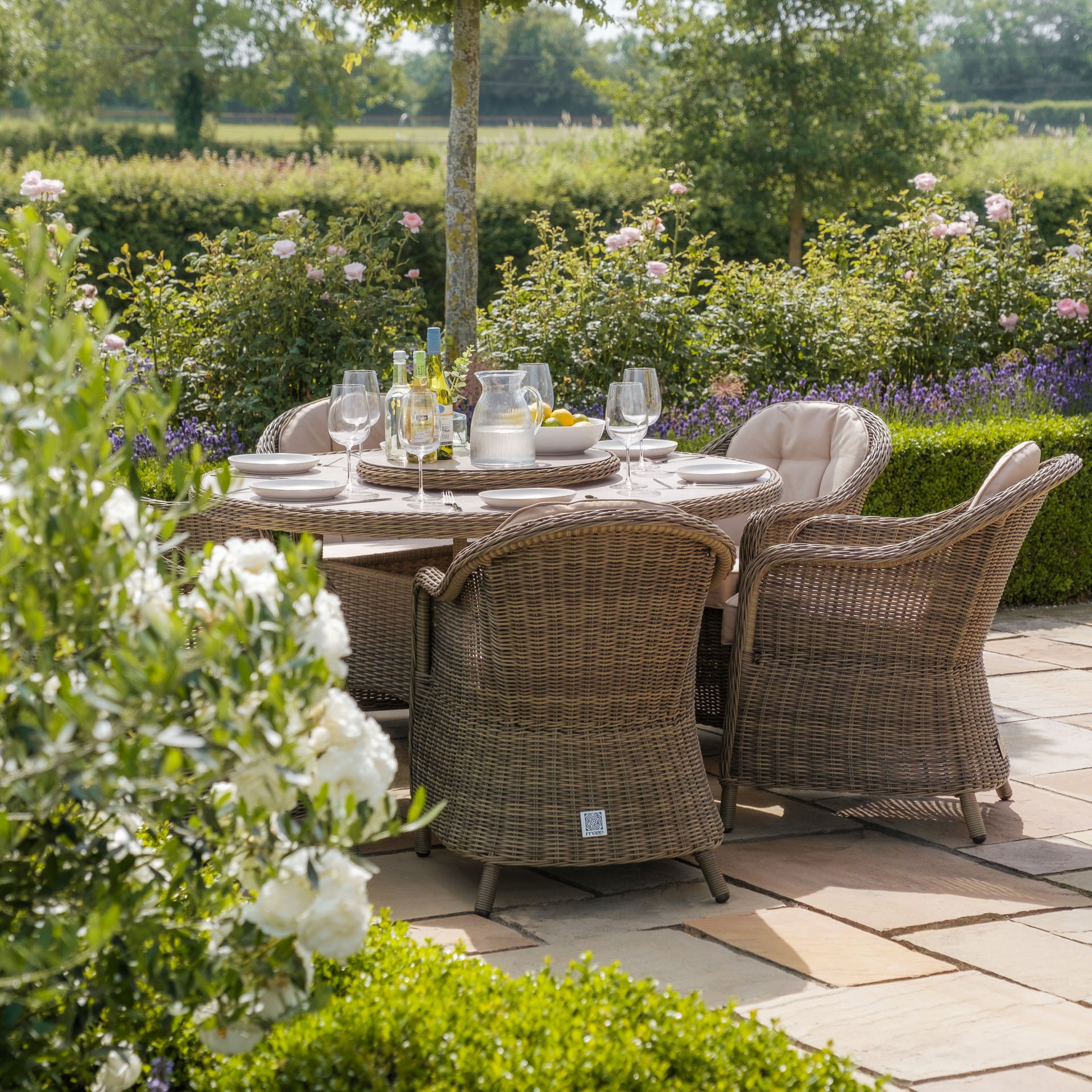 Winchester 6 Seater Round Dining Set with Heritage Chairs & Lazy Susan - Ceramic Glass