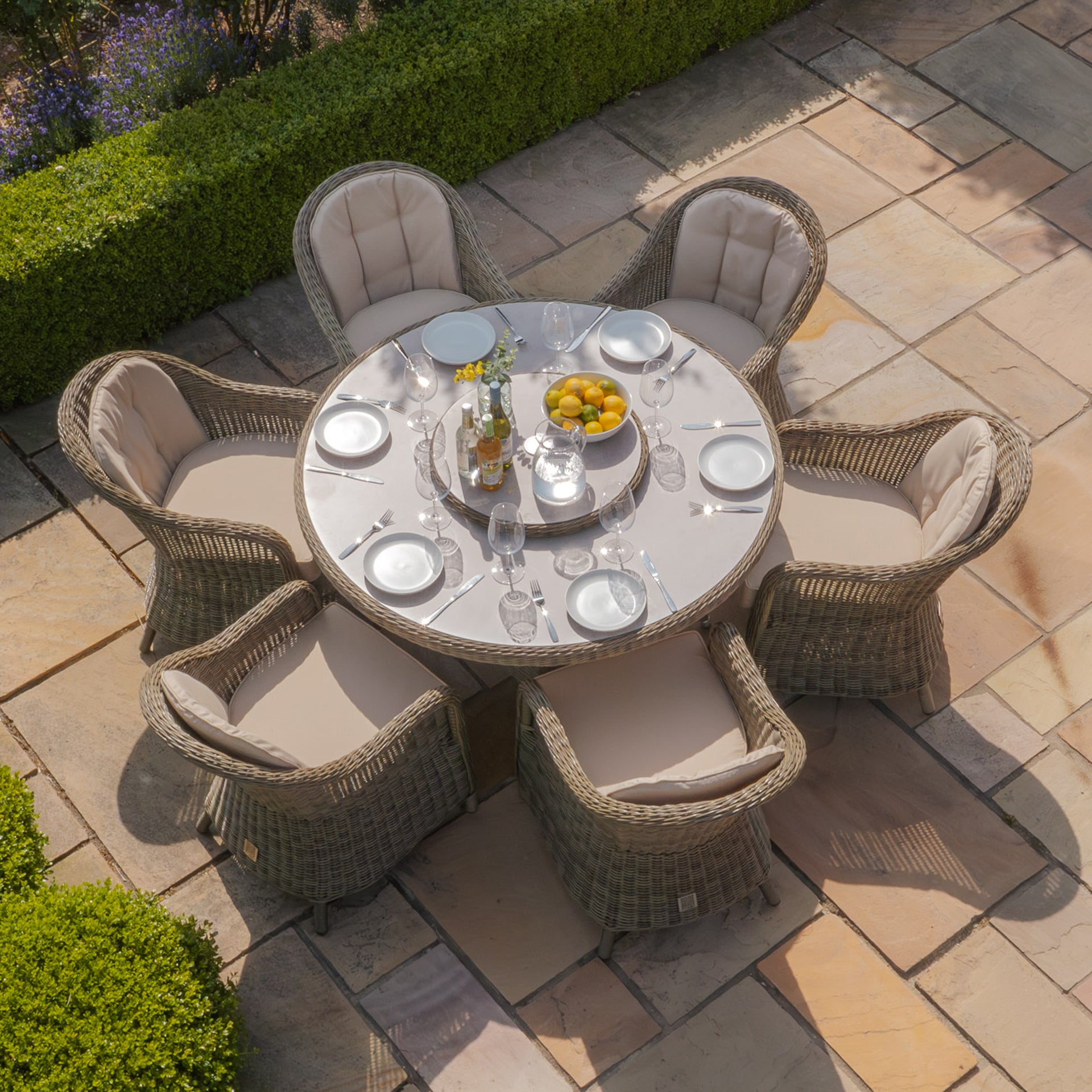 Winchester 6 Seater Round Dining Set with Heritage Chairs & Lazy Susan - Ceramic Glass