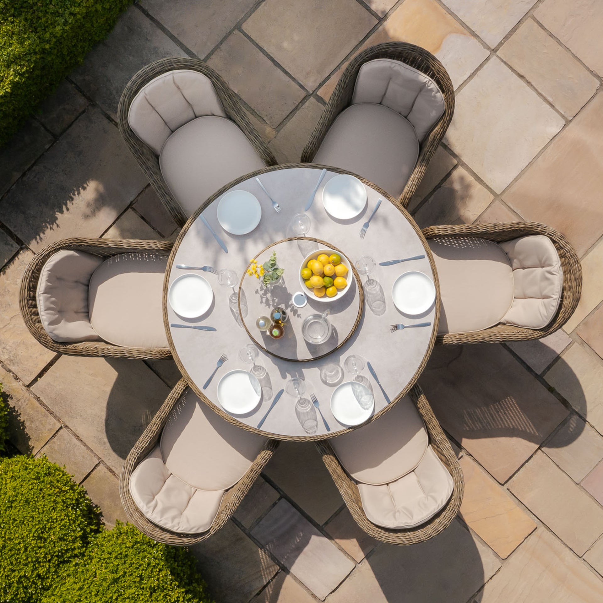 Winchester 6 Seater Round Dining Set with Heritage Chairs & Lazy Susan - Ceramic Glass