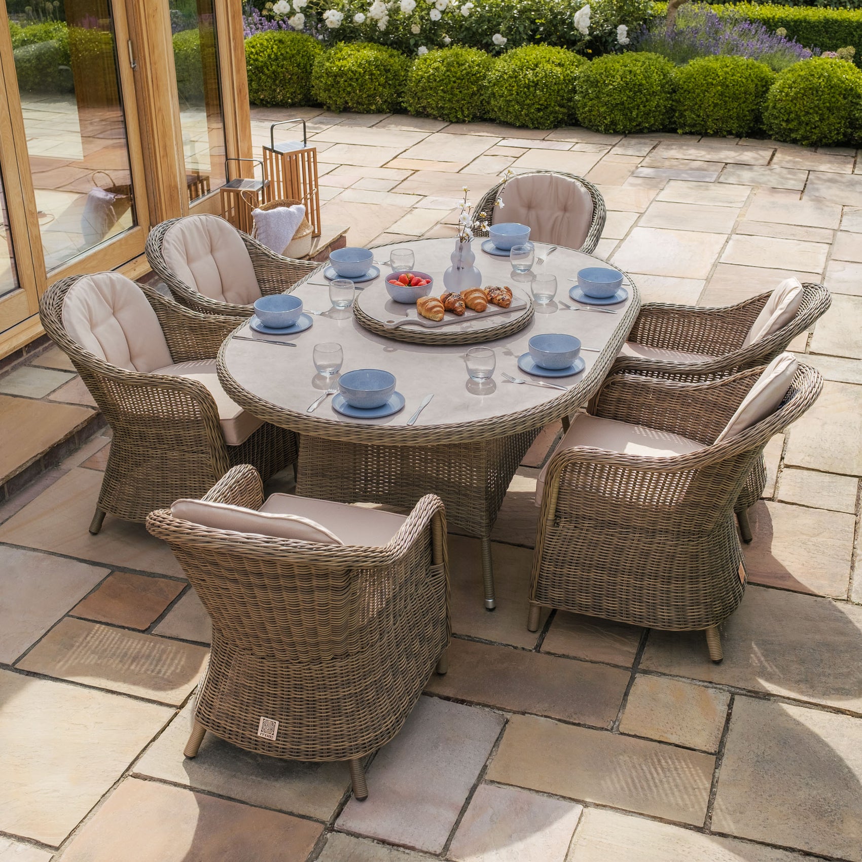 Winchester 6 Seater Oval Dining Set with Heritage Chairs & Lazy Susan - Ceramic Glass