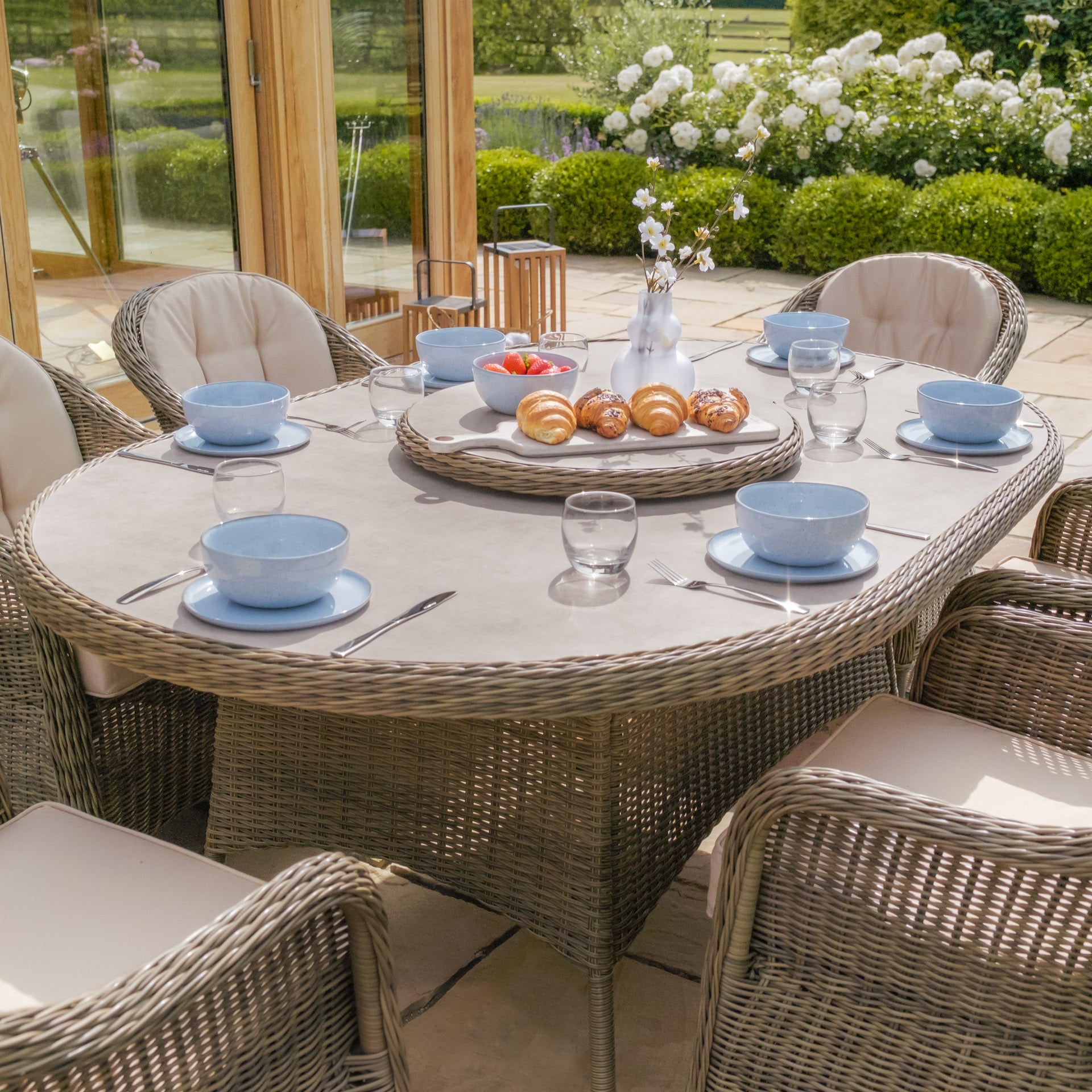 Winchester 6 Seater Oval Dining Set with Heritage Chairs & Lazy Susan - Ceramic Glass
