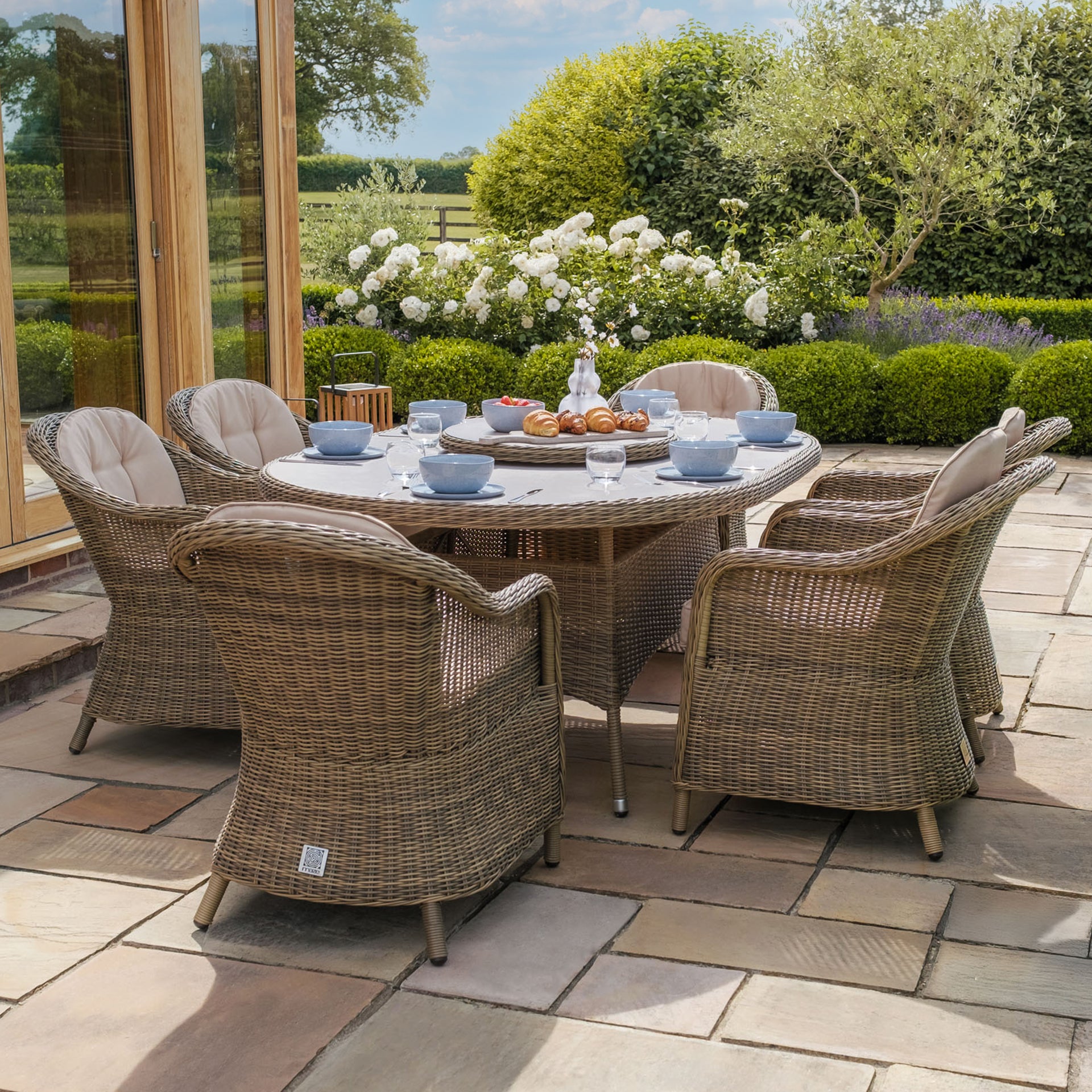 Winchester 6 Seater Oval Dining Set with Heritage Chairs & Lazy Susan - Ceramic Glass
