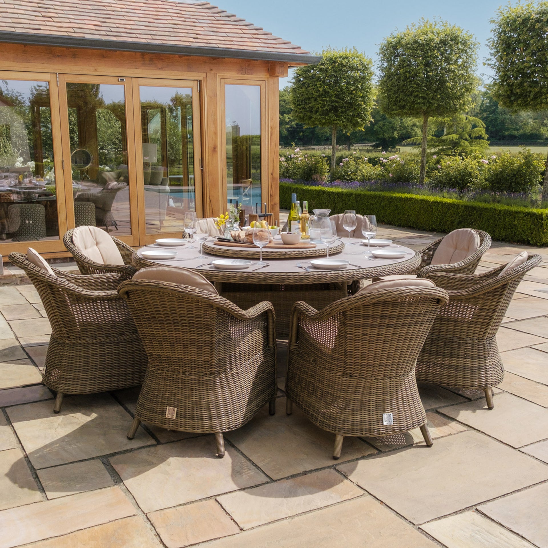 Winchester 8 Seater Round Dining Set with Heritage Chairs & Lazy Susan - Ceramic Glass