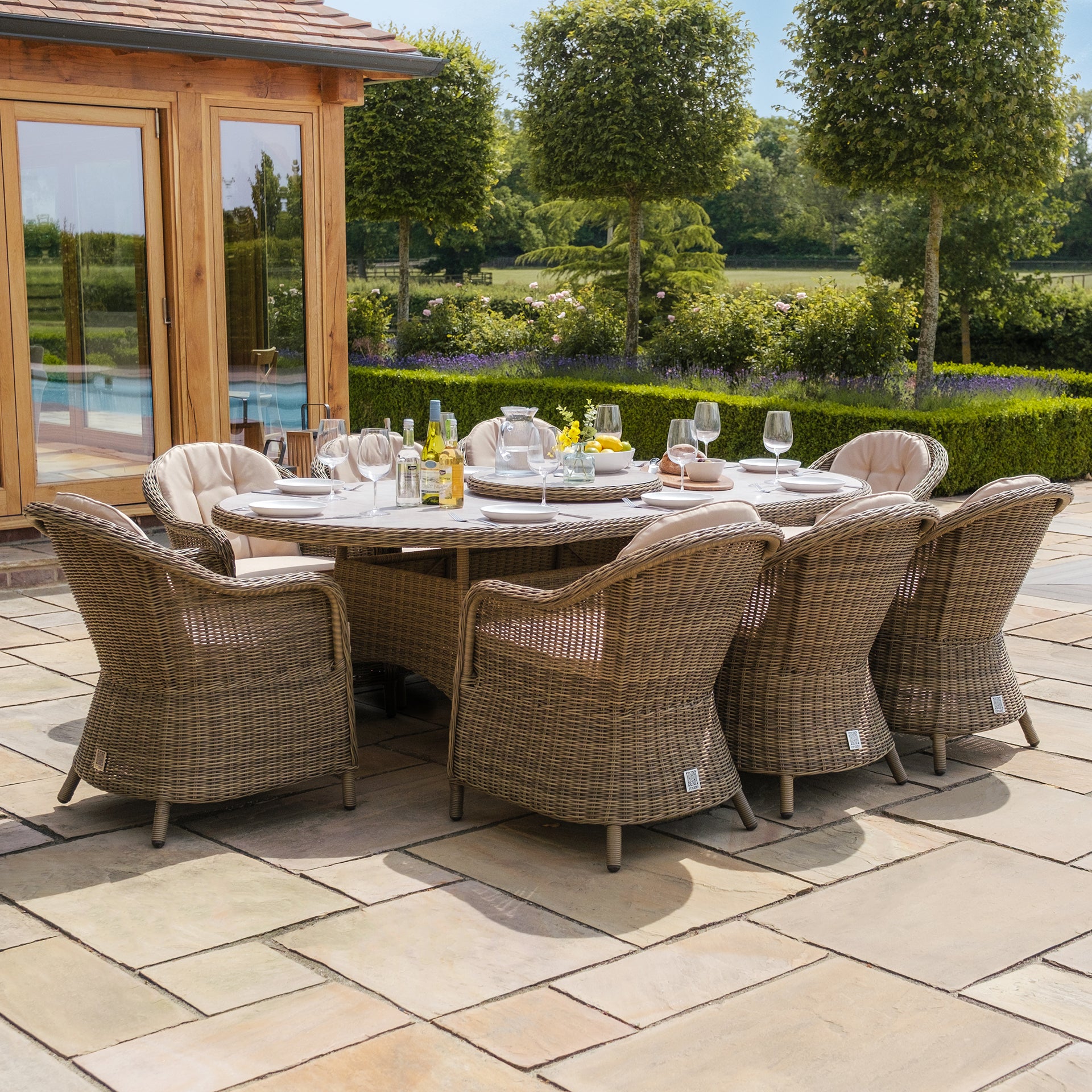 Winchester 8 Seater Oval Dining Set with Heritage Chairs & Lazy Susan - Ceramic Glass