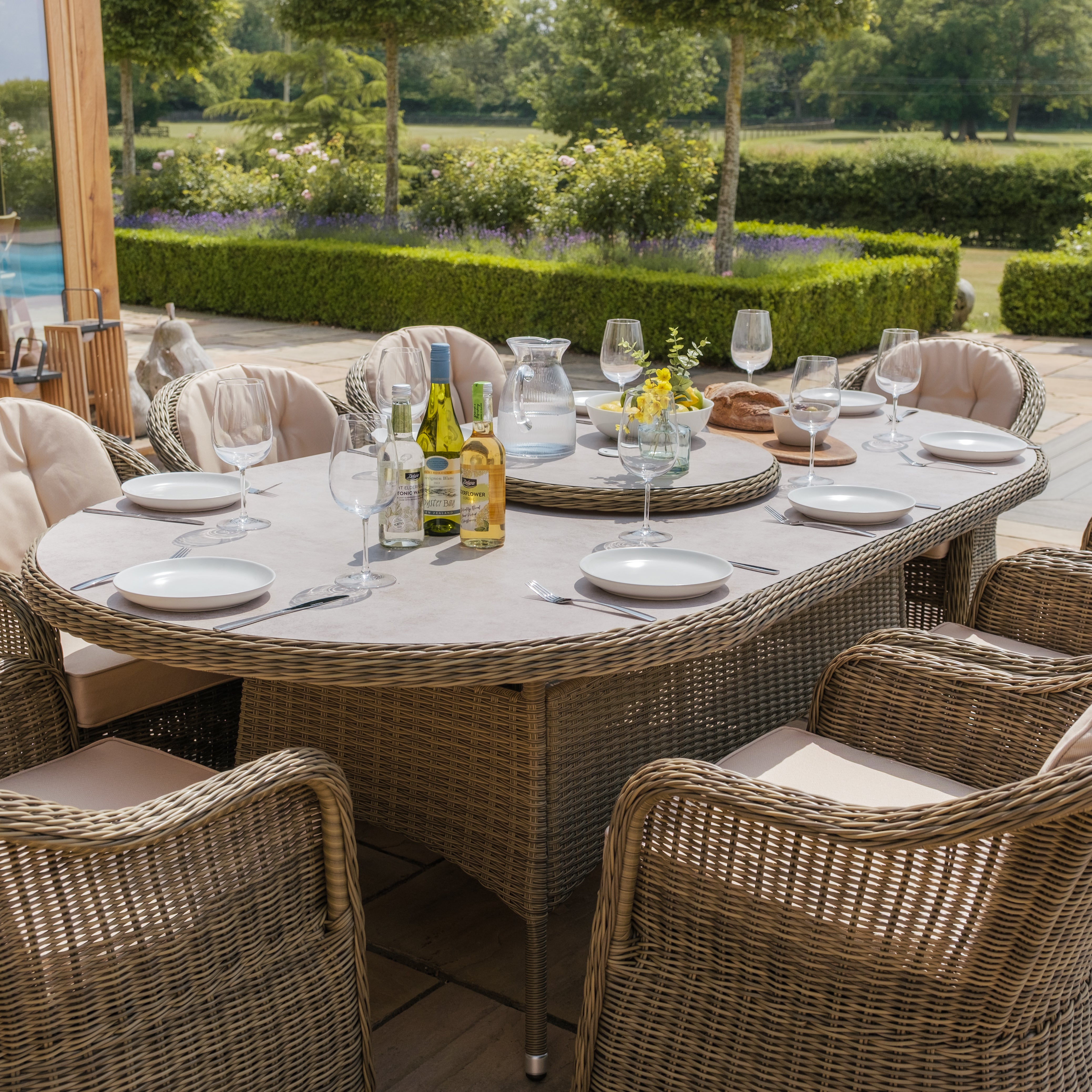 Winchester 8 Seater Oval Dining Set with Heritage Chairs & Lazy Susan - Ceramic Glass