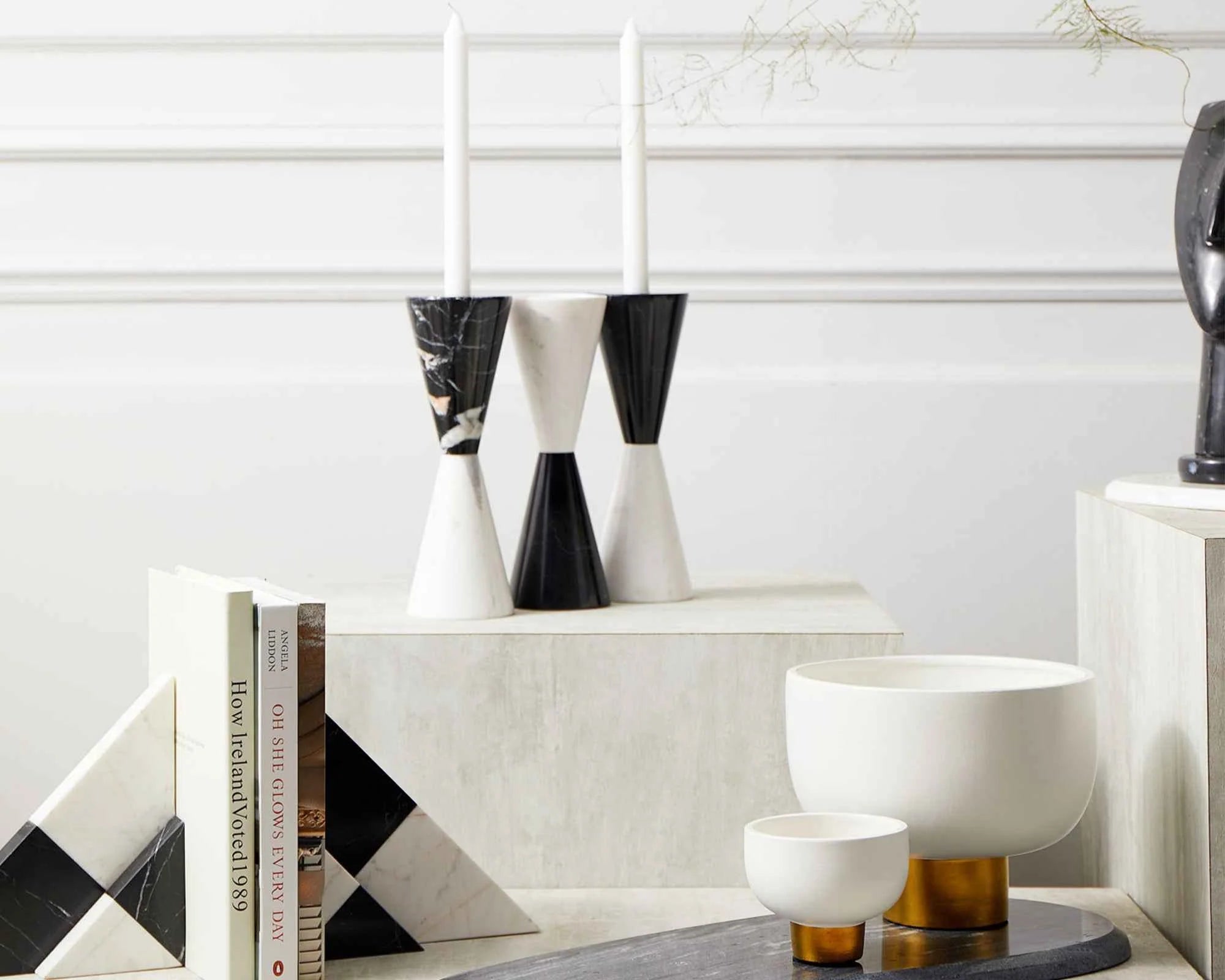Bond Single Black & White Marble Hourglass Candle Holder