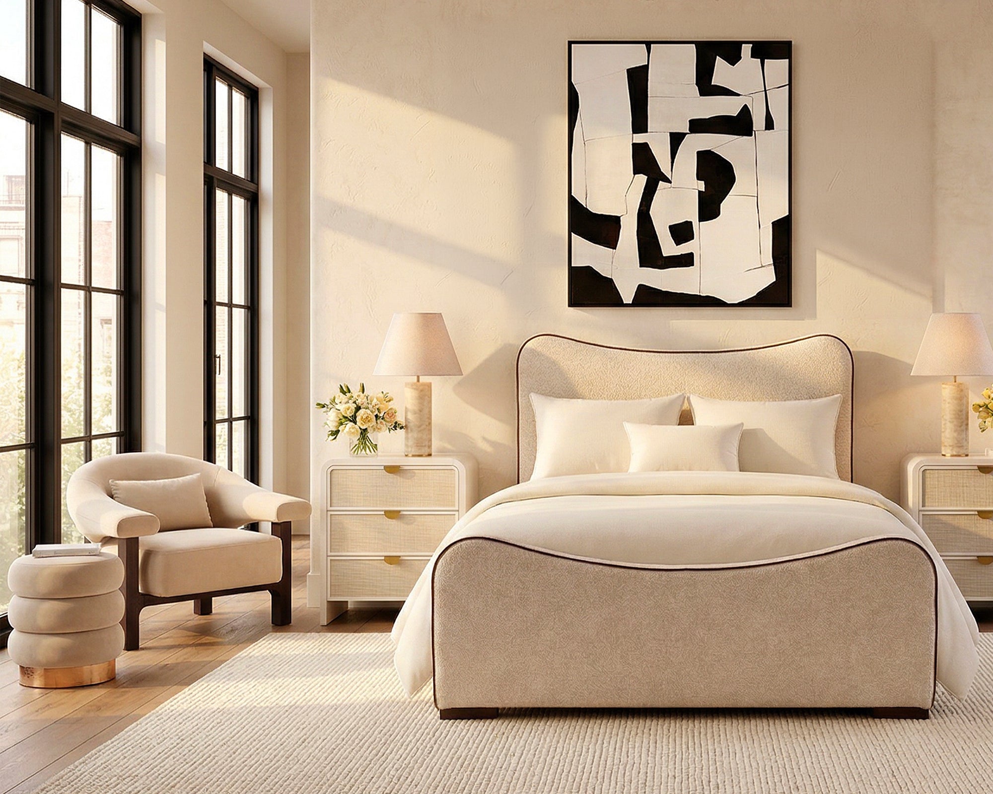 Caleta King Size Bed - Capella Sand & Fennel Seed Piping