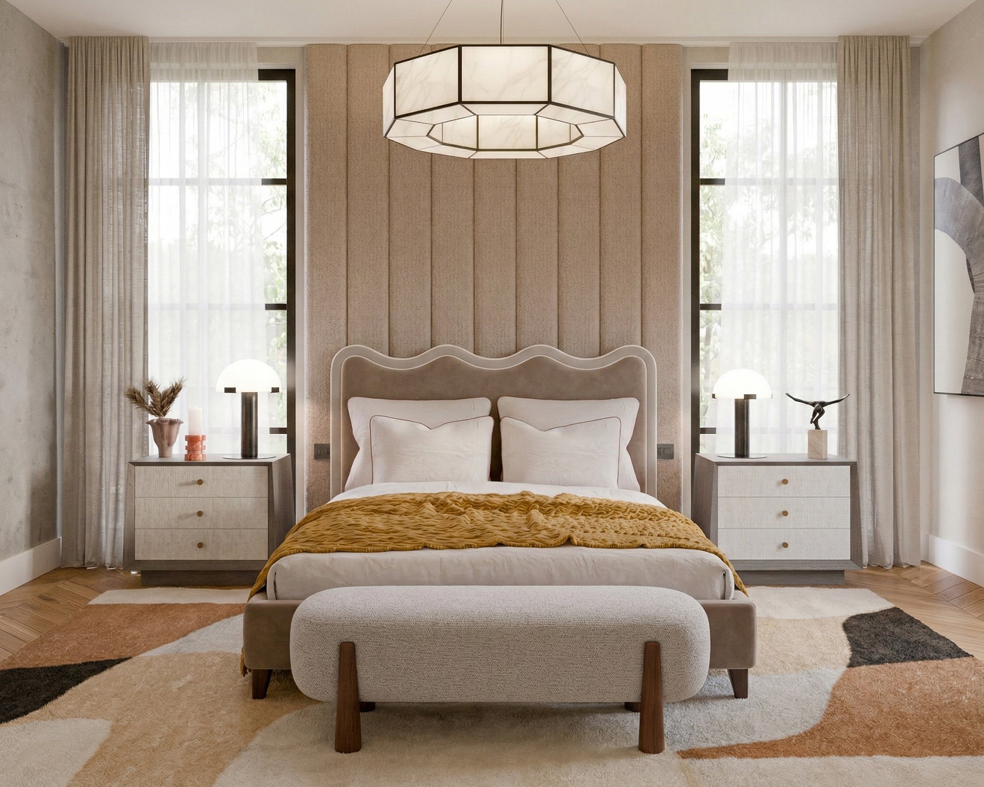 Palermo King Size Bed - Hopper Taupe with Hopper Cream Border - Dark Brown Solid Wood