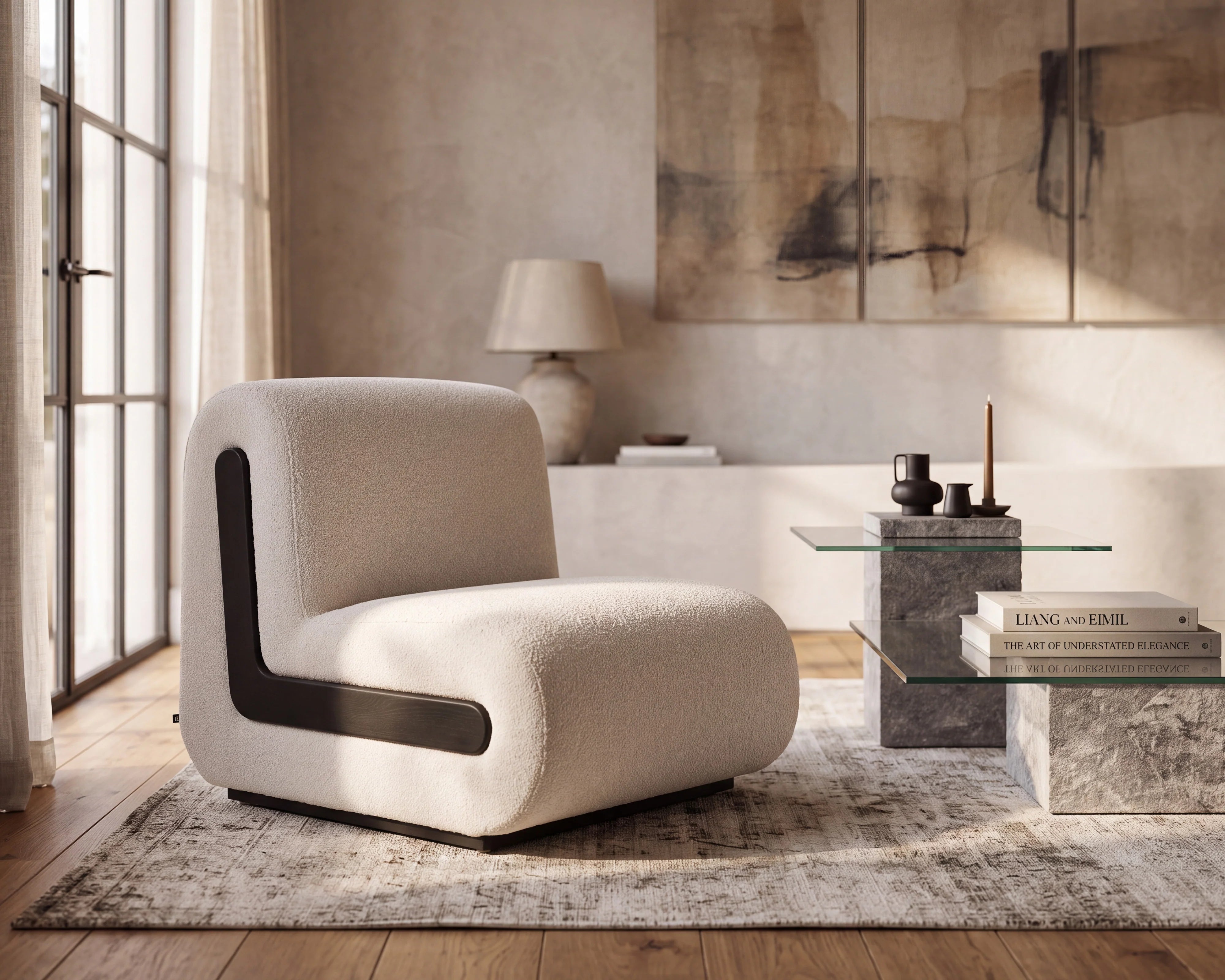 Bola Sand Cream Boucle & Black Armchair