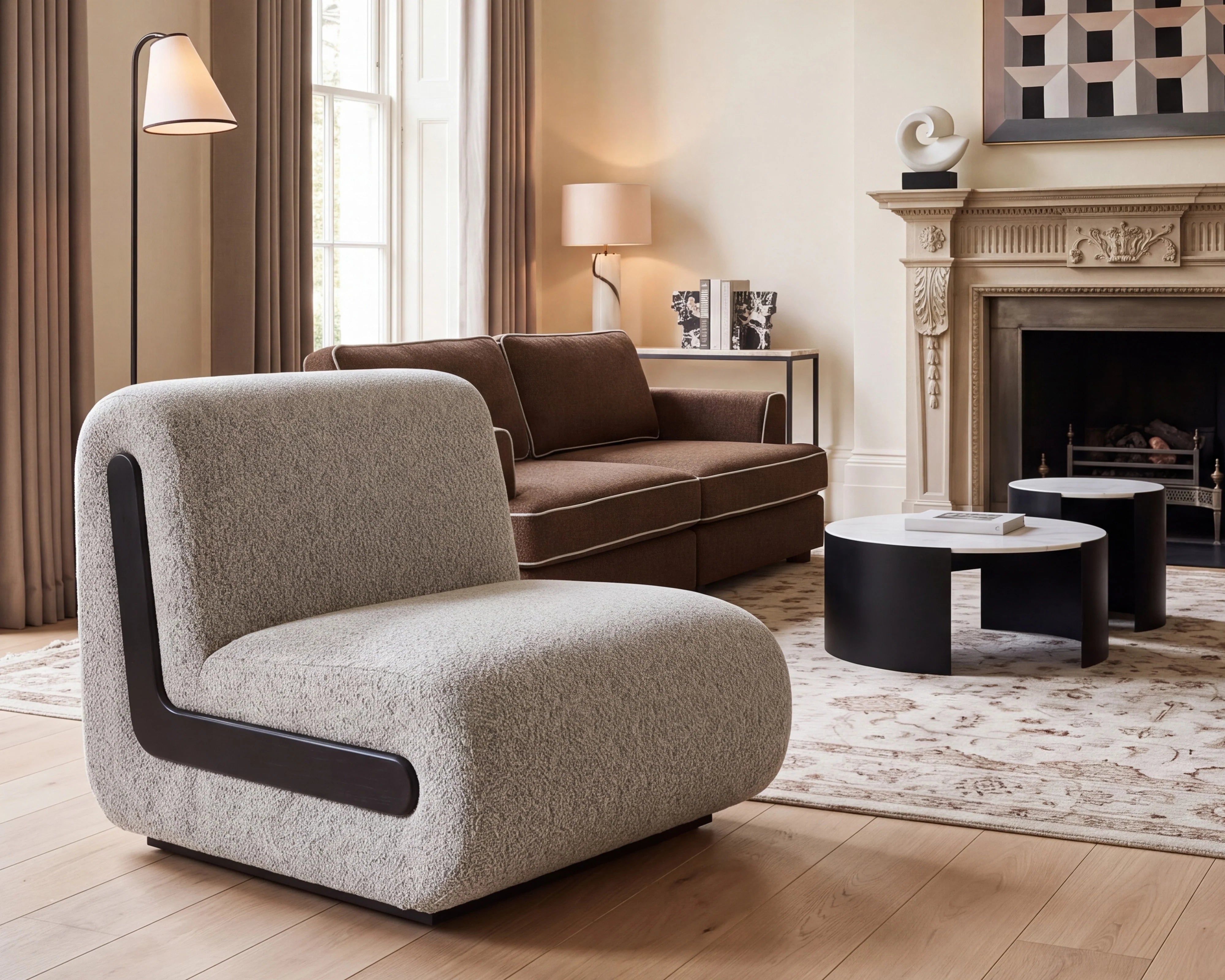 Bola Whisk Grey Boucle & Black Armchair