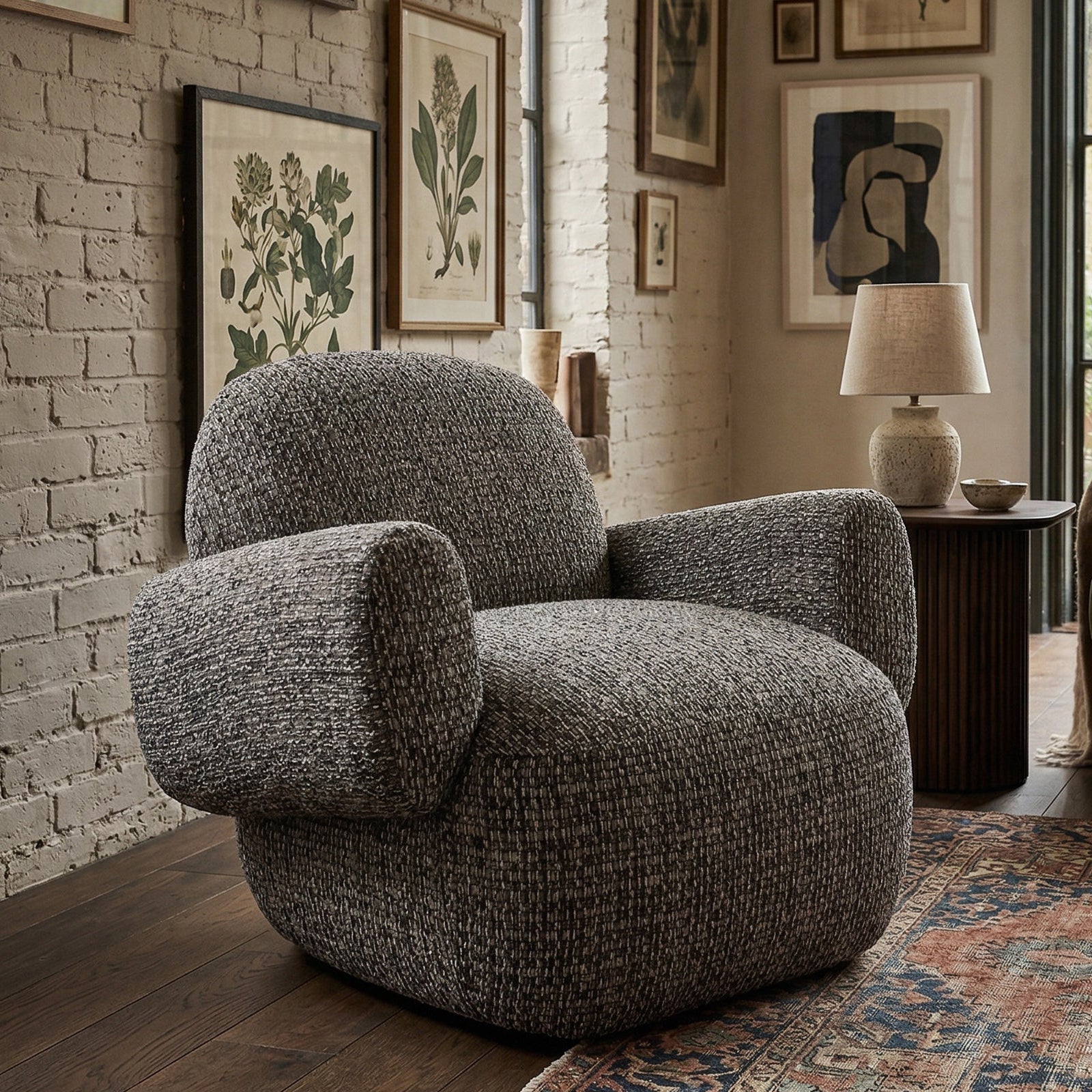 Bolton Tetru Terra Chenille & Matt Black Metal Swivel Armchair