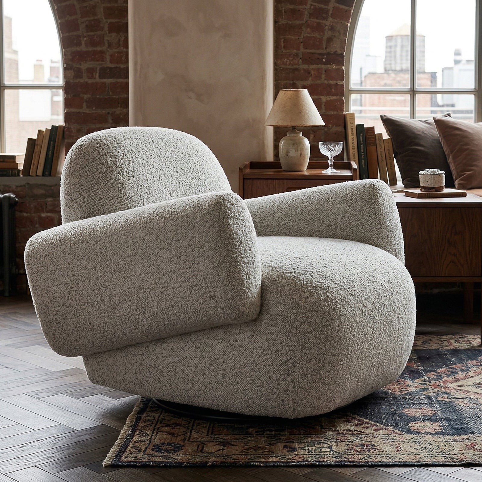 Bolton Ripley Grav Chenille & Matt Black Metal Swivel Armchair
