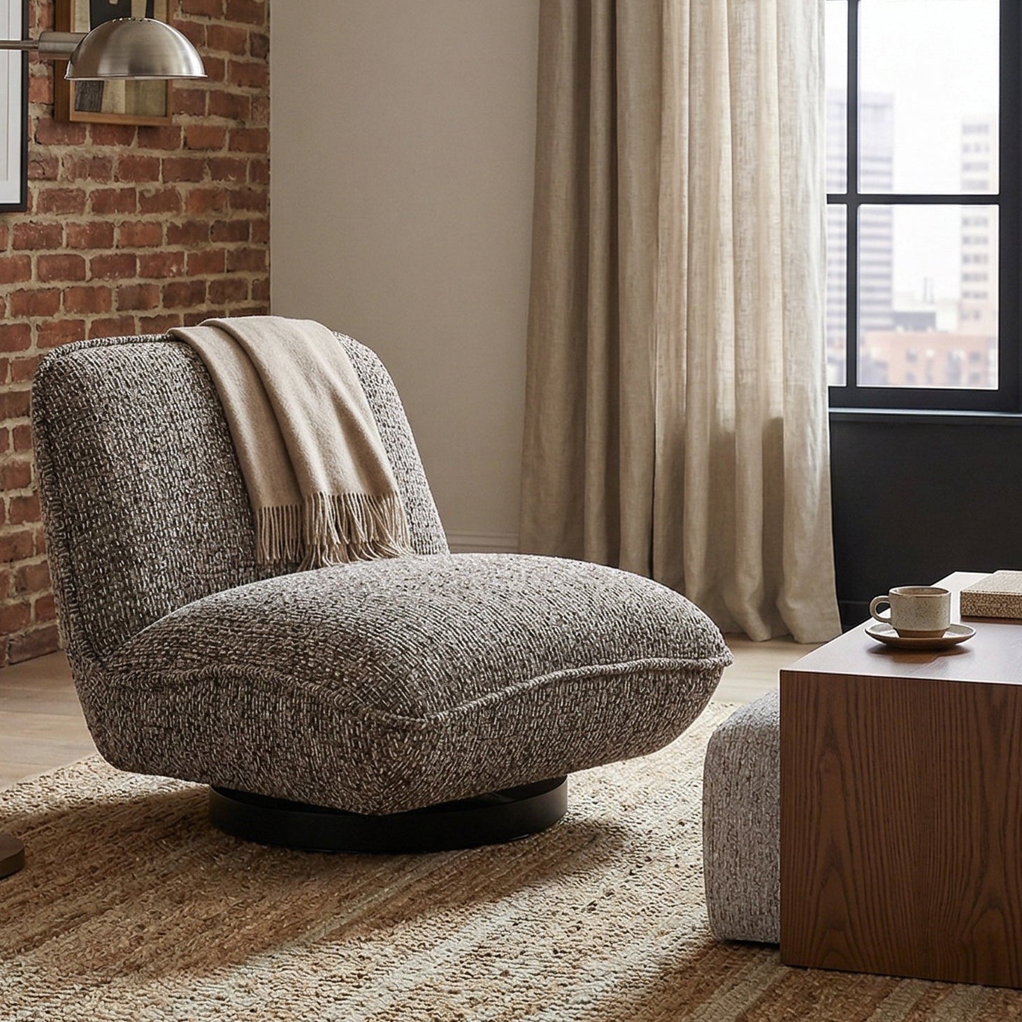 Algar Tetru Terra Chenille & Matt Black Metal Swivel Armchair