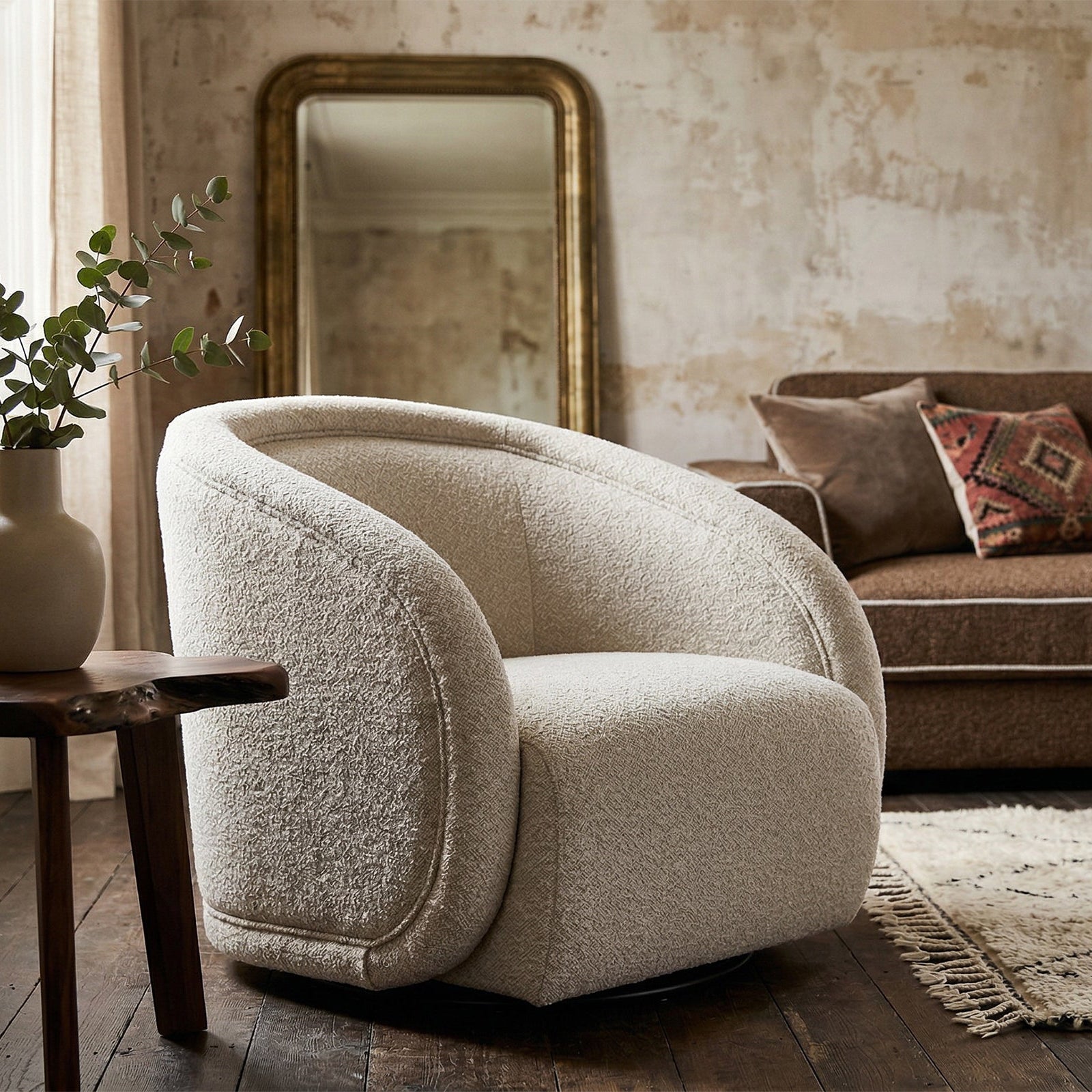 Alice Capella Sand Chenille & Matt Black Metal Swivel Armchair