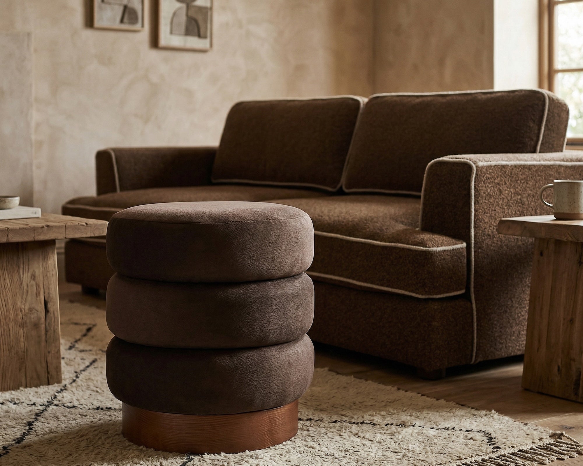 Trace Pouffe - Hopper Terra Velvet & Mid Brown Oak