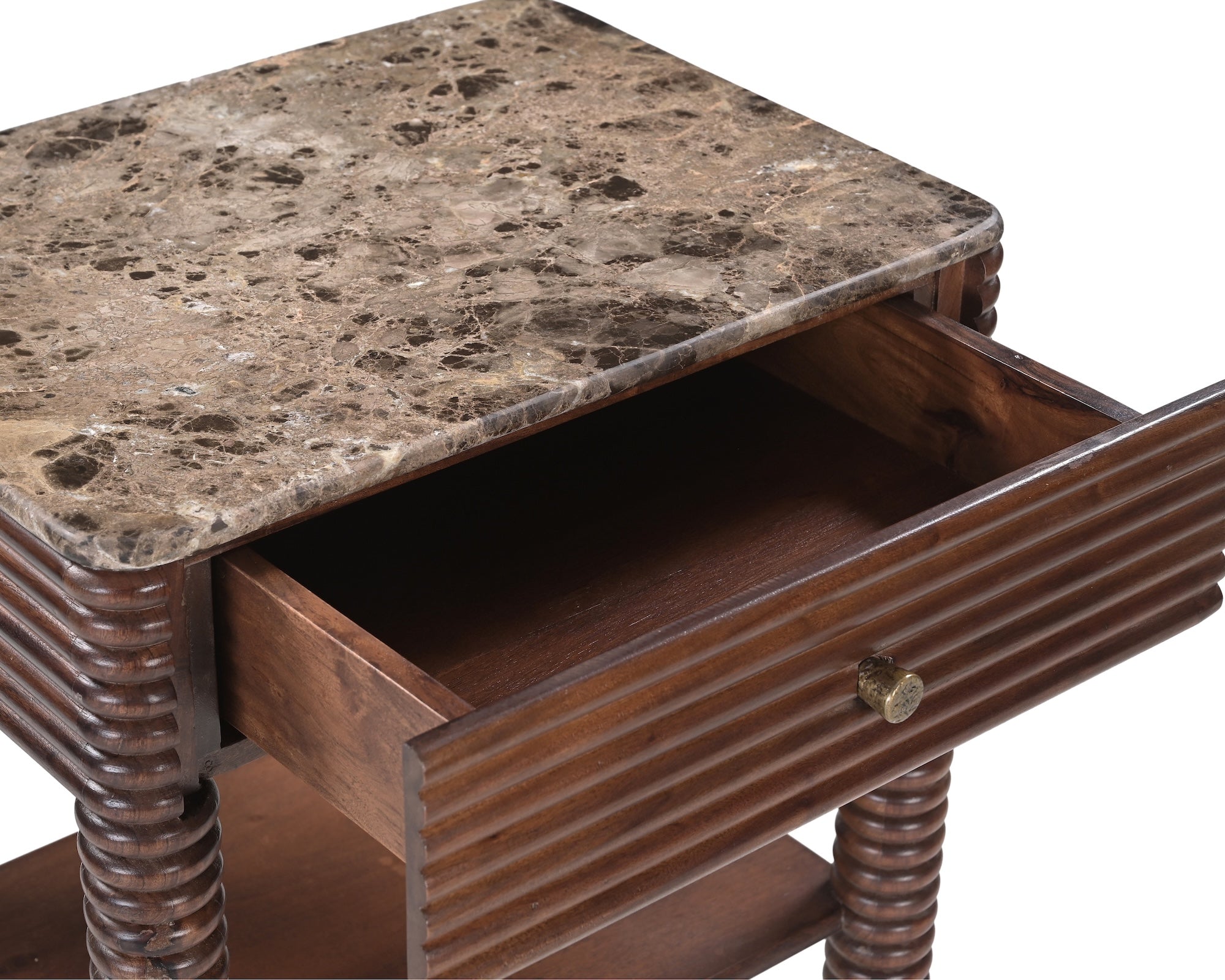 Allure Bedside Table - Dark Brown Emperador Marble & Brushed Mid Brown Textured Acacia Wood