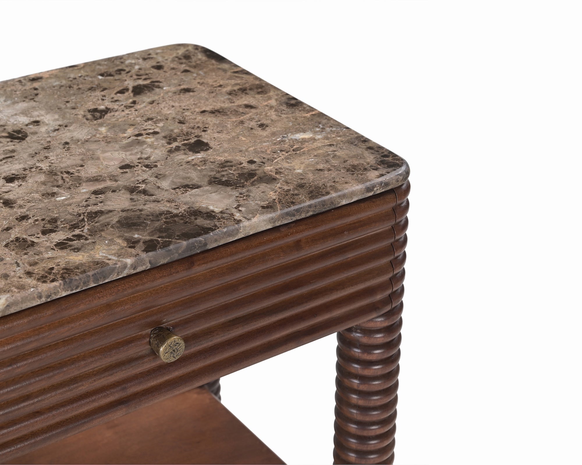 Allure Bedside Table - Dark Brown Emperador Marble & Brushed Mid Brown Textured Acacia Wood