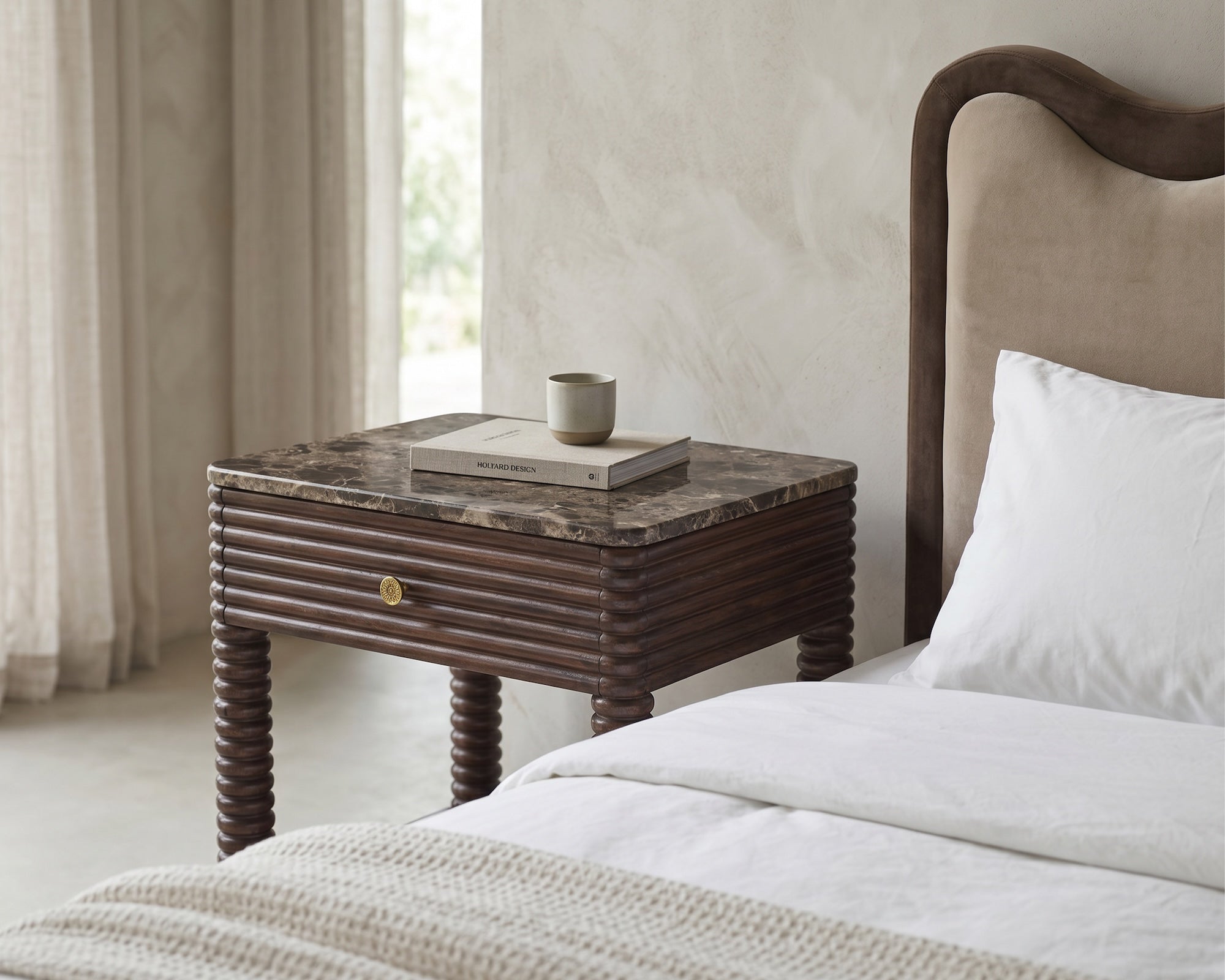 Allure Bedside Table - Dark Brown Emperador Marble & Brushed Mid Brown Textured Acacia Wood