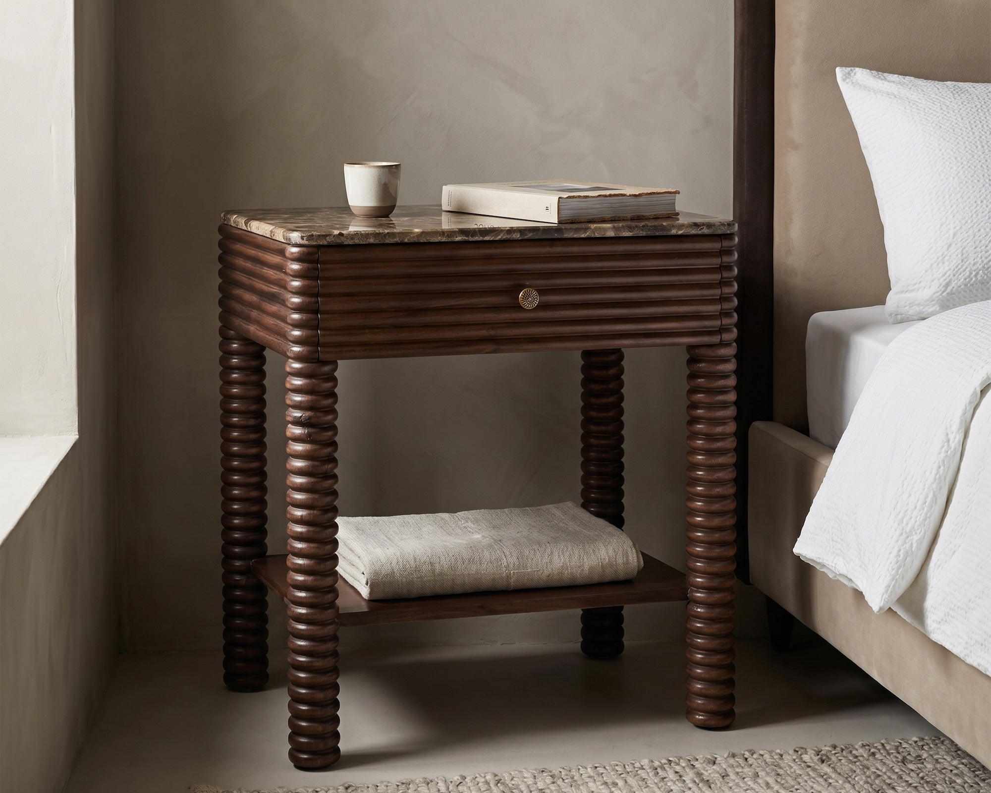 Allure Bedside Table - Dark Brown Emperador Marble & Brushed Mid Brown Textured Acacia Wood