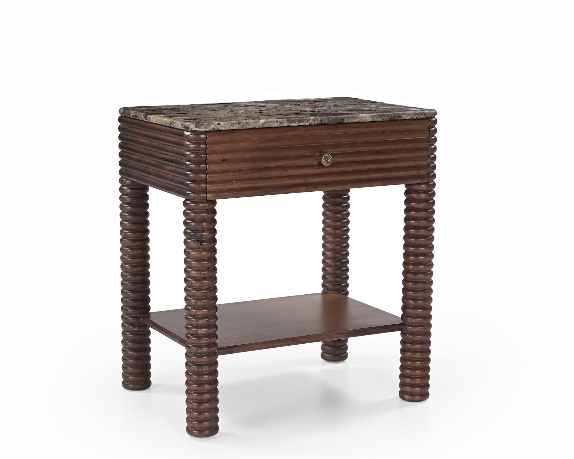 Allure Bedside Table - Dark Brown Emperador Marble & Brushed Mid Brown Textured Acacia Wood