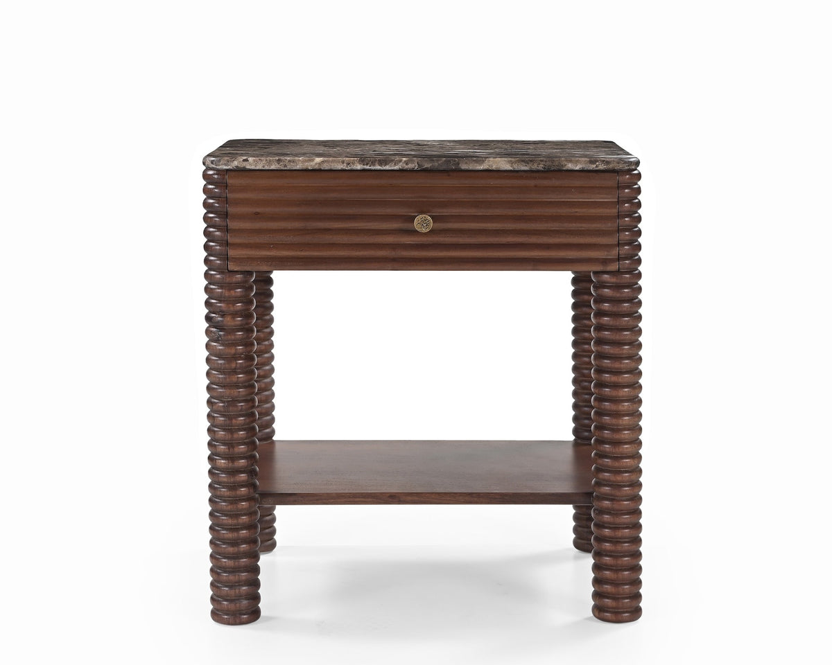 Allure Dark Brown Emperador Marble & Brushed Mid Brown Textured Acacia Wood Bedside Table