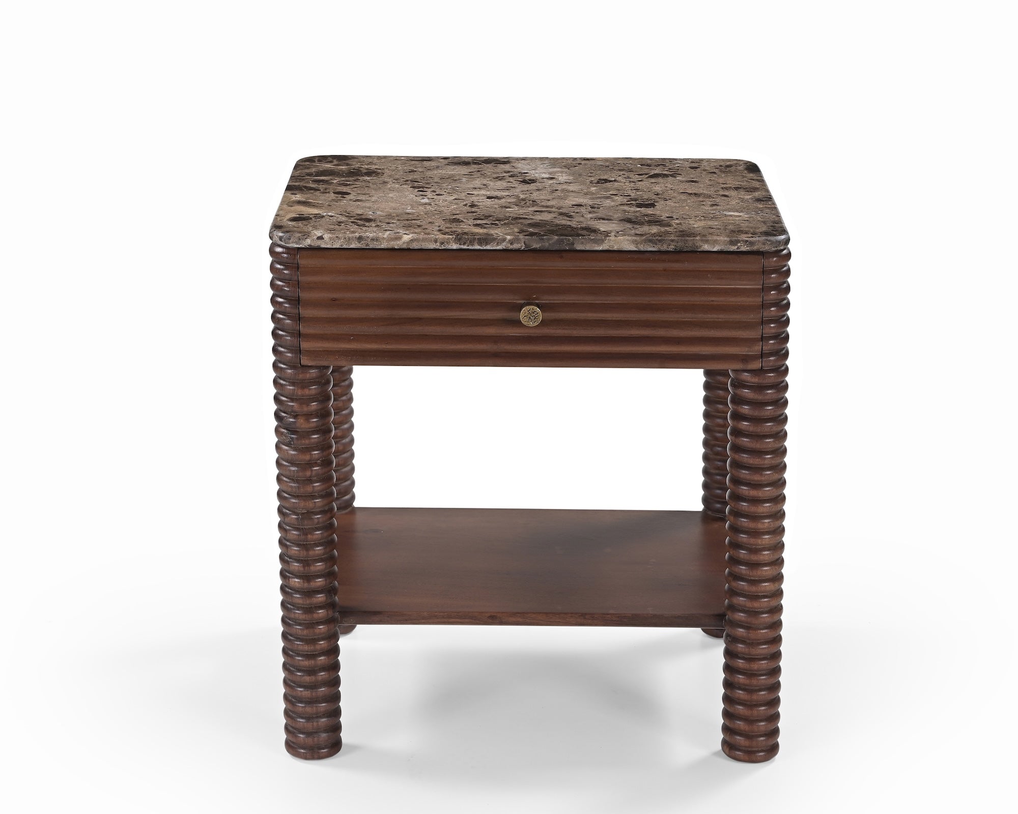 Allure Bedside Table - Dark Brown Emperador Marble & Brushed Mid Brown Textured Acacia Wood