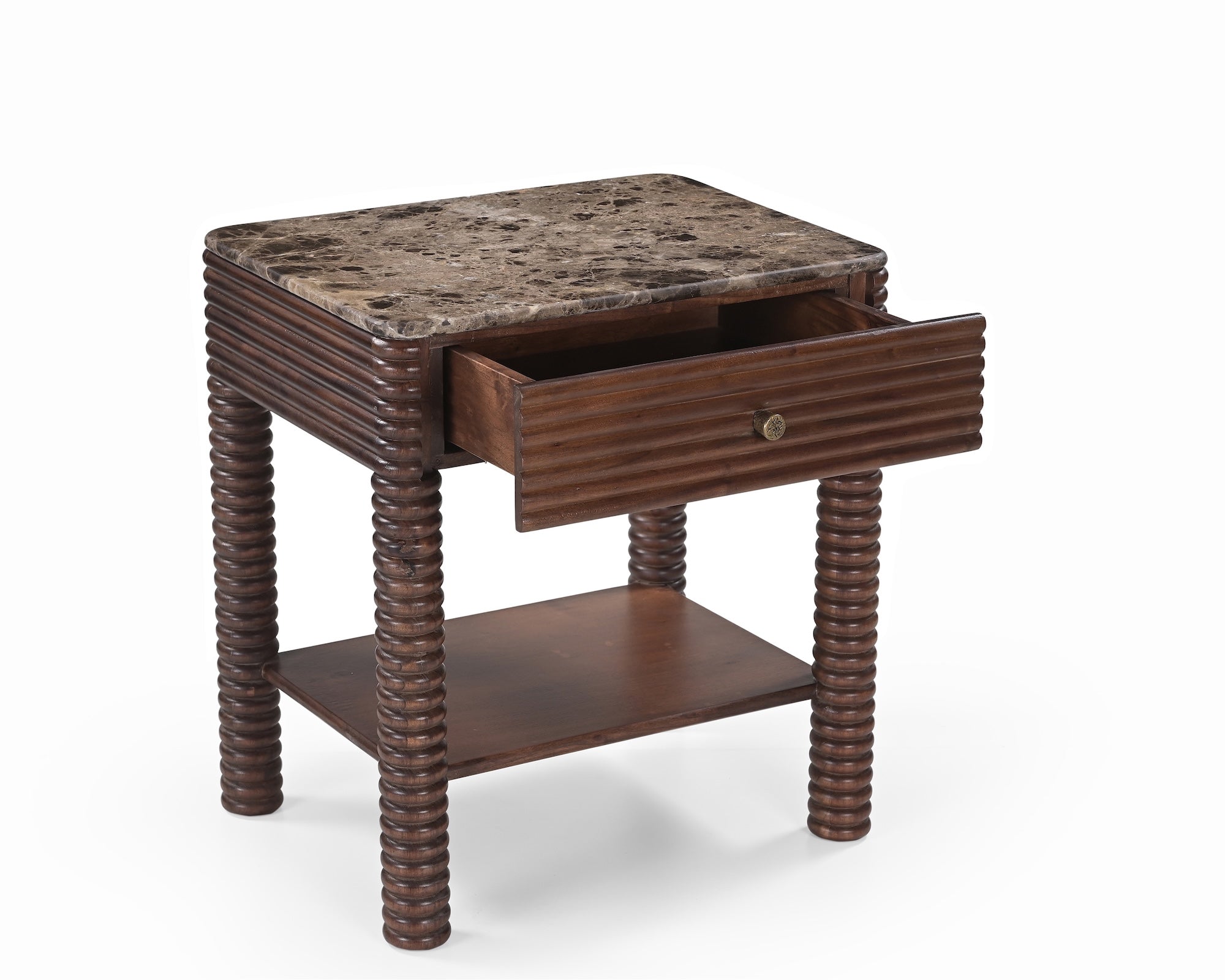 Allure Bedside Table - Dark Brown Emperador Marble & Brushed Mid Brown Textured Acacia Wood