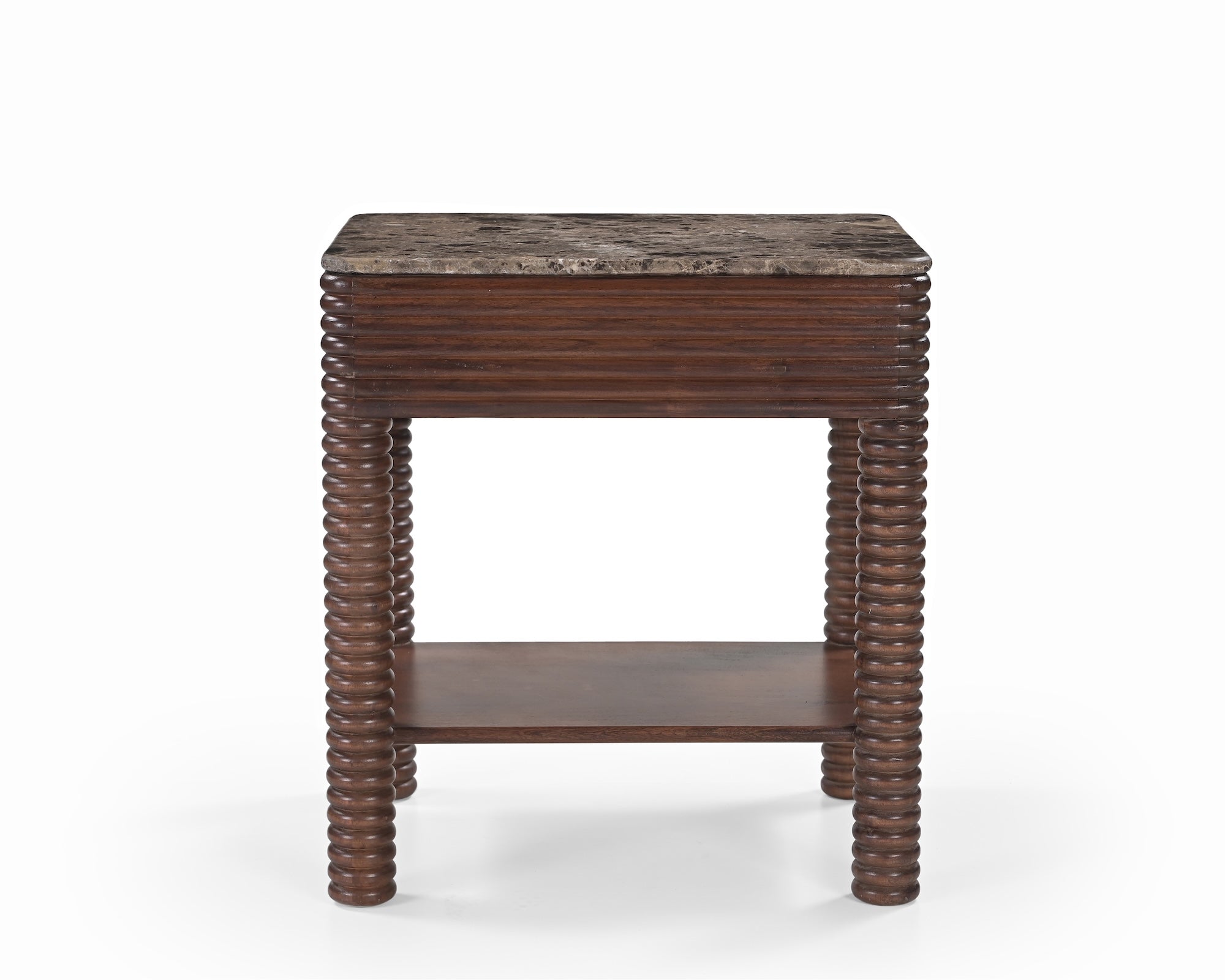 Allure Bedside Table - Dark Brown Emperador Marble & Brushed Mid Brown Textured Acacia Wood