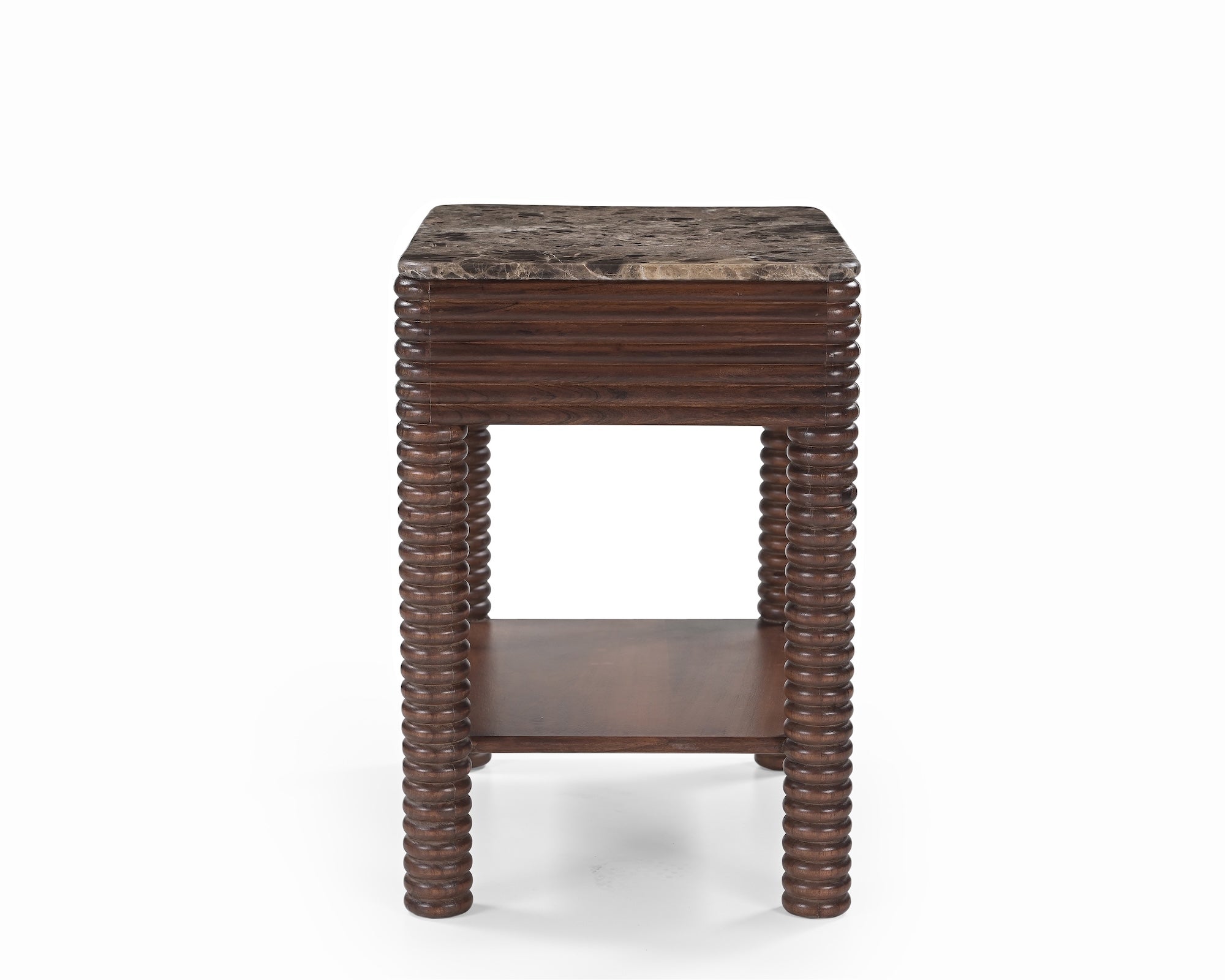 Allure Bedside Table - Dark Brown Emperador Marble & Brushed Mid Brown Textured Acacia Wood