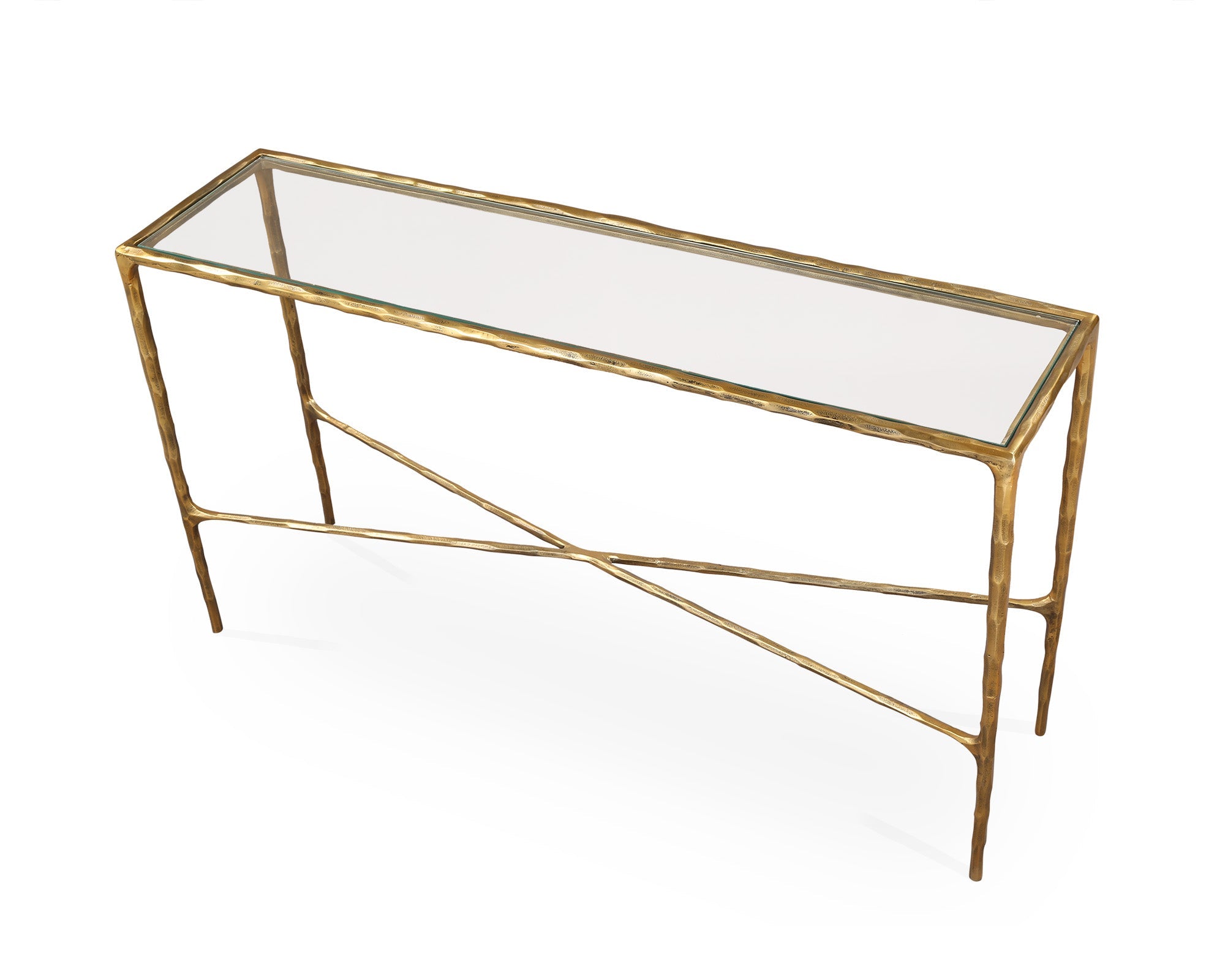 Cobra Console Table - Textured Antique Brass & Clear Glass