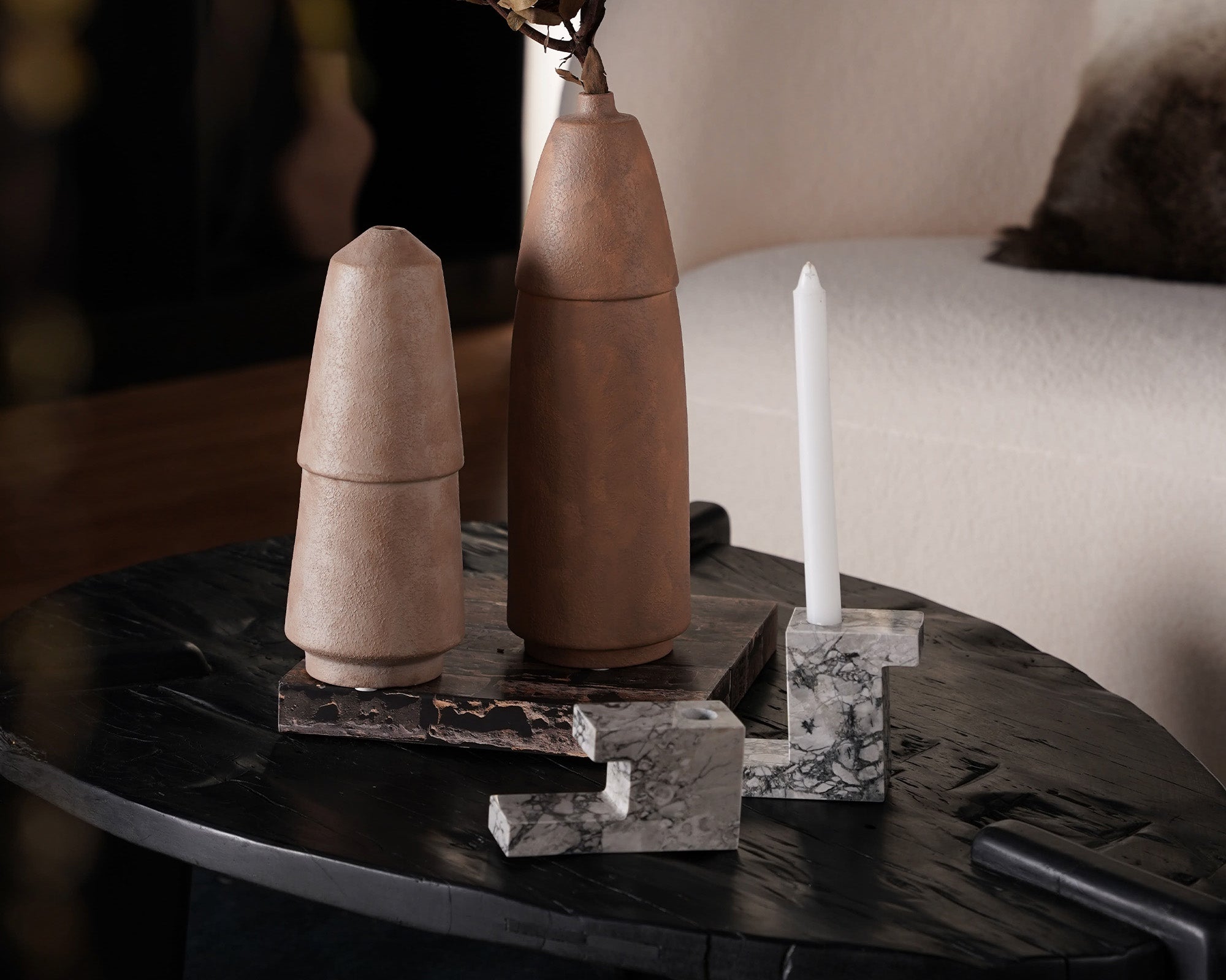 Arco Set of Candle Holders - Natural Grey & White Marble