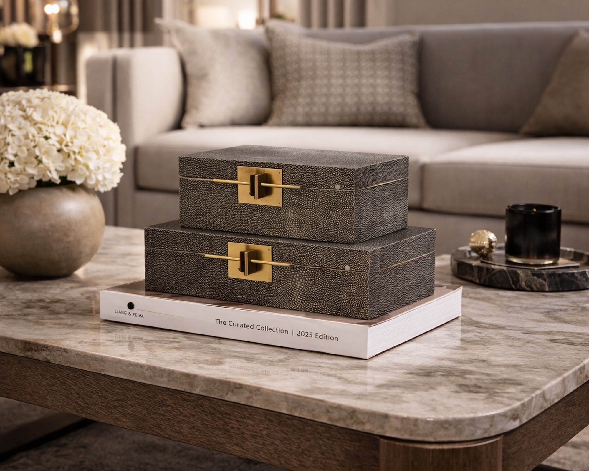 Set of 2 Aurello Boxes - Dark Grey Leather