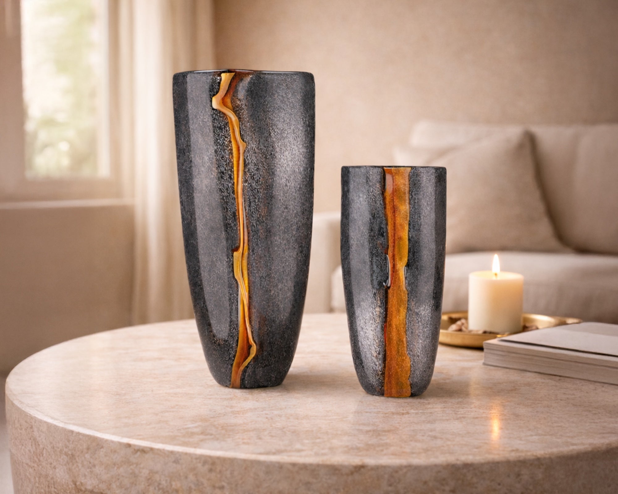 Cassiano Charcoal & Amber Veined Glass Vase Large