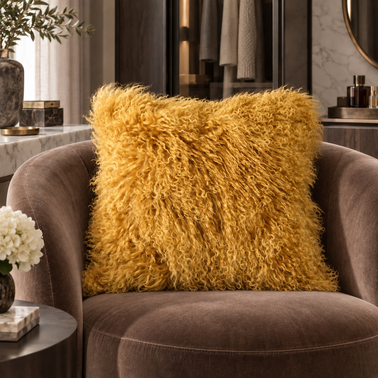 Ametra Warm Mustard Tibetan Lamb Wool Cushion rich luxury lifestyle image