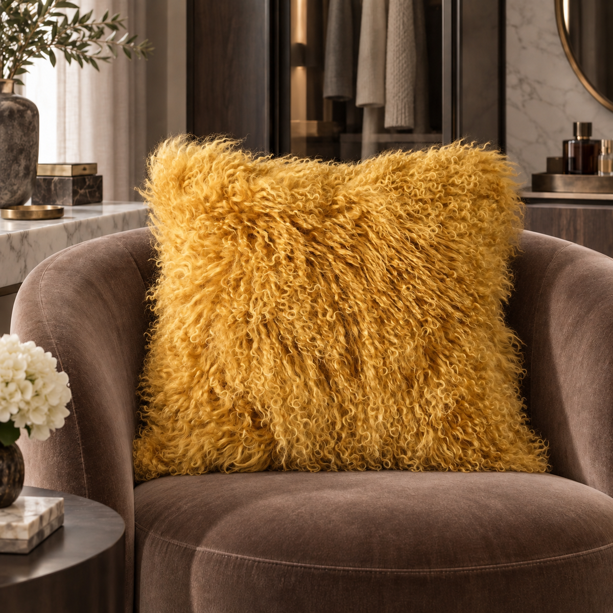 Ametra Warm Mustard Tibetan Lamb Wool Cushion rich luxury lifestyle image