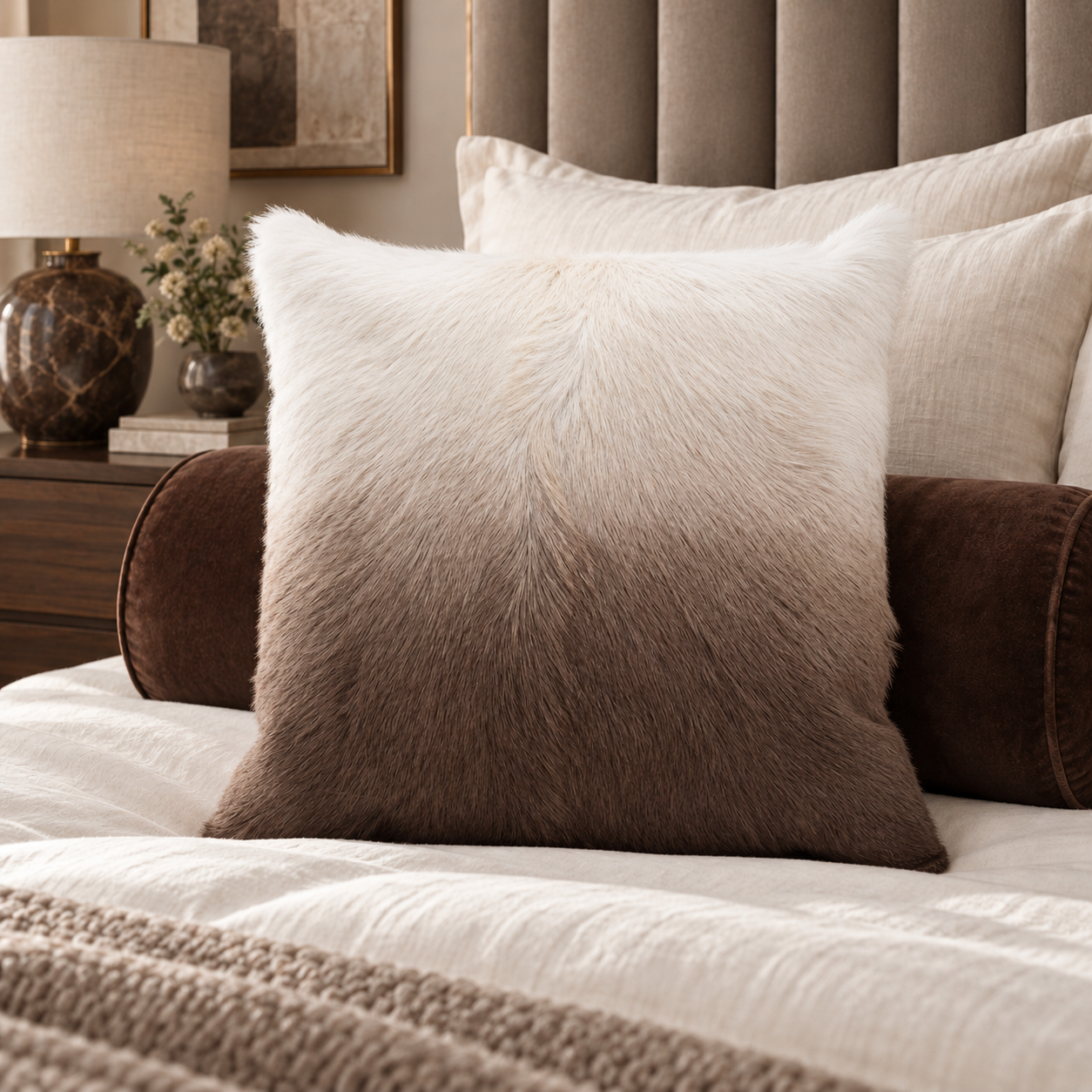 Zarello Ivory and Taupe Ombre Goat Hair Cushion rich luxury lifestyle image