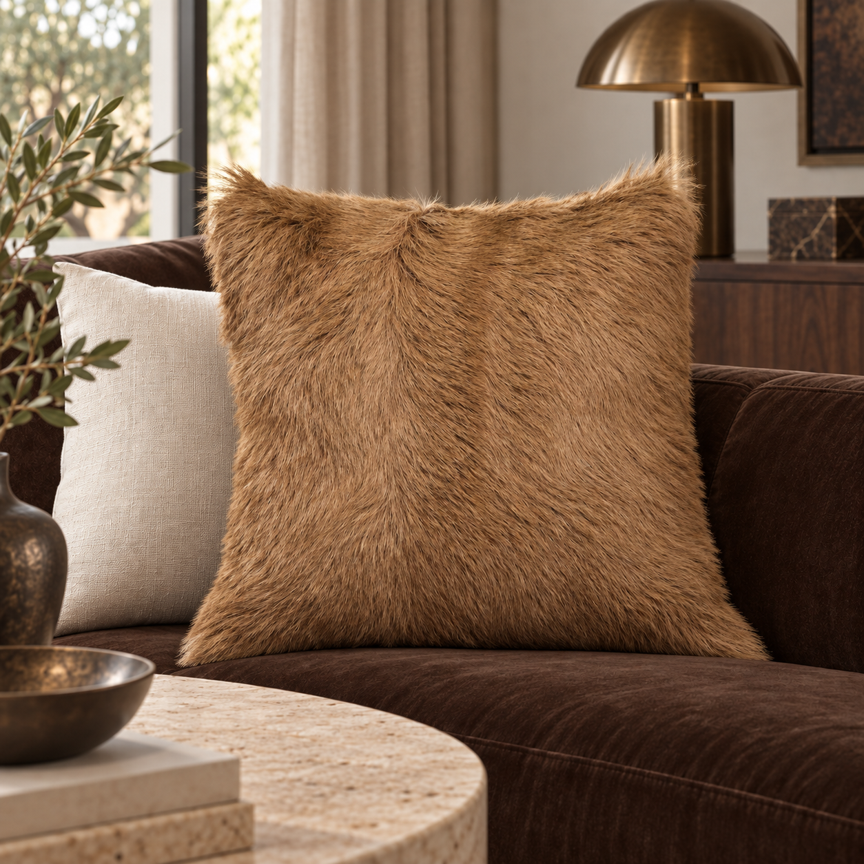 Marosia Light Brown Goat Hair Cushion rich luxury lifestyle image