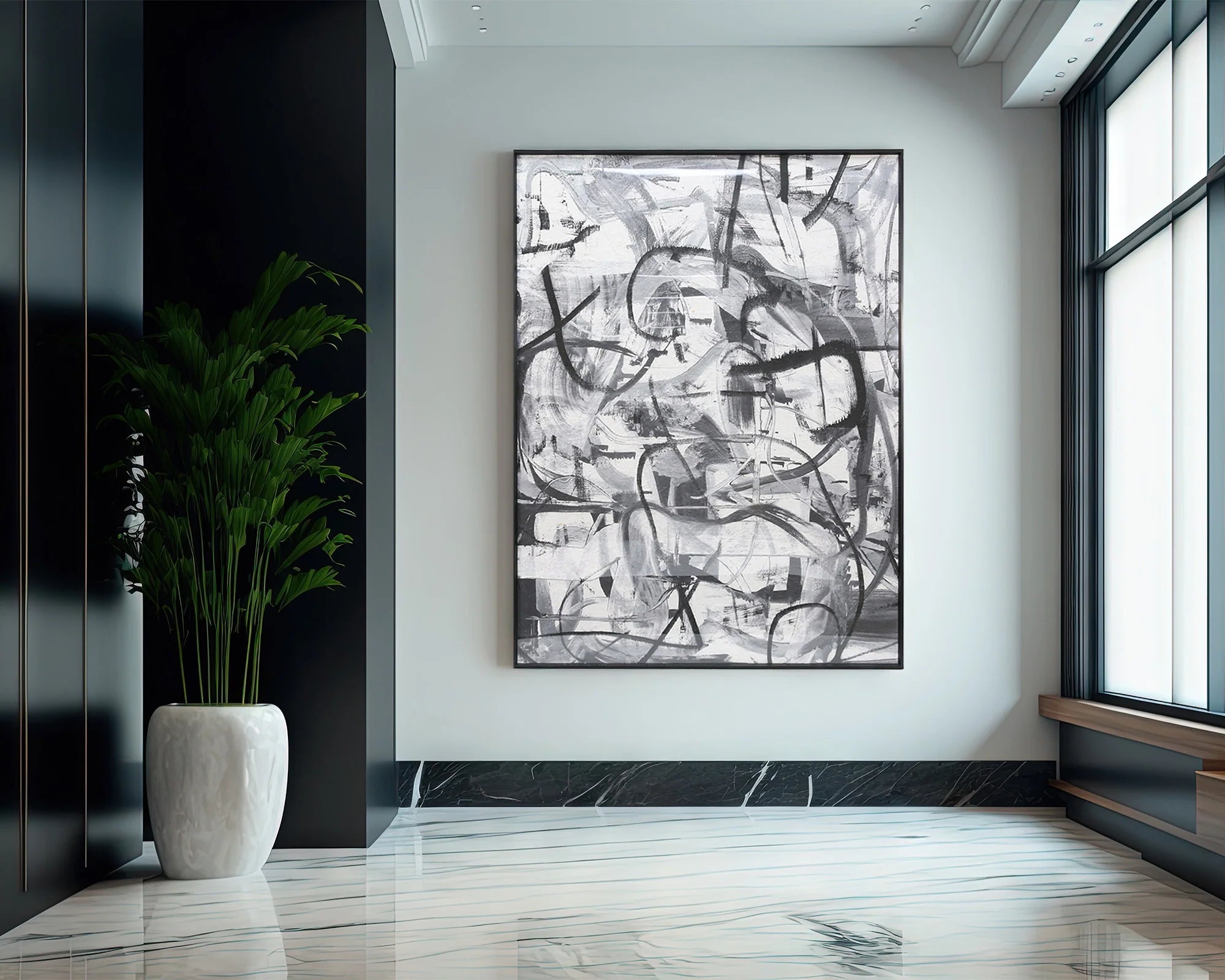Graphite Framed Abstract Black & Grey Wall Art Print