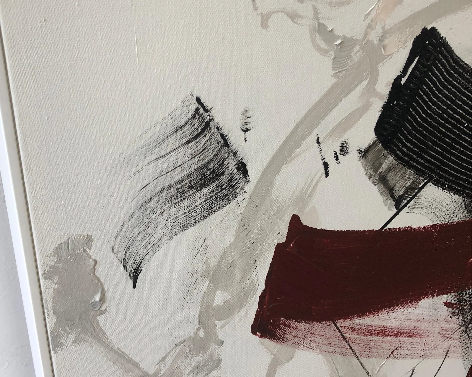 Obsidian White Frame Hand-Painted Abstract Canvas Wall Art