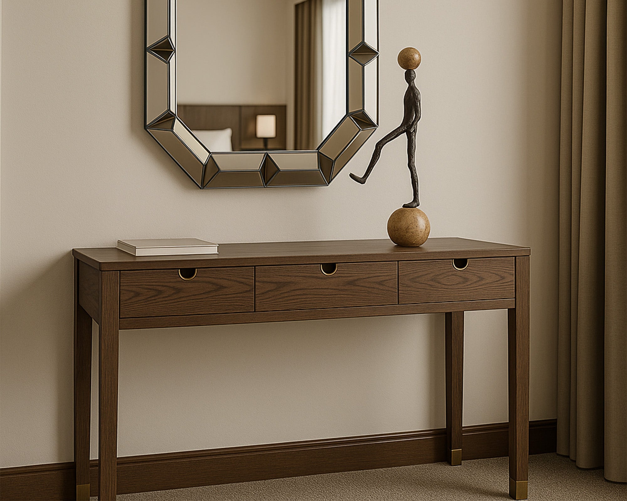 Alcudia Dressing Table - Dark Brown Oak & Antique Brass