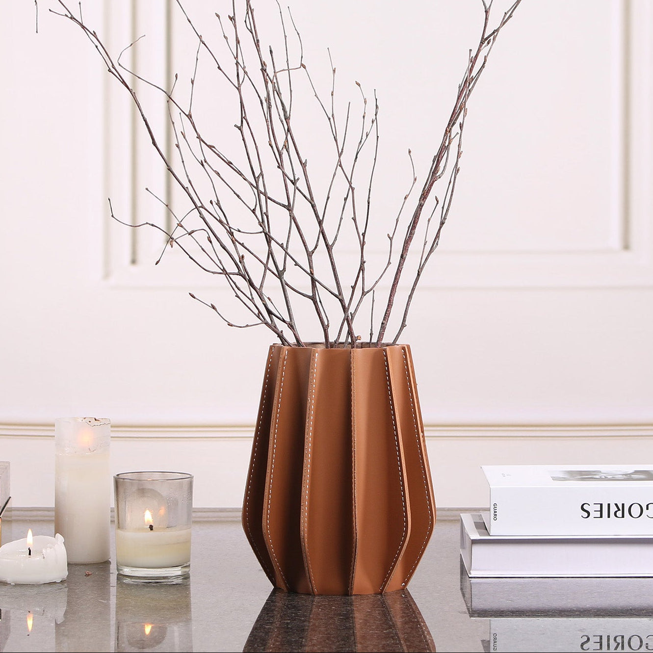 Juana Brown Leather & Glass Vase