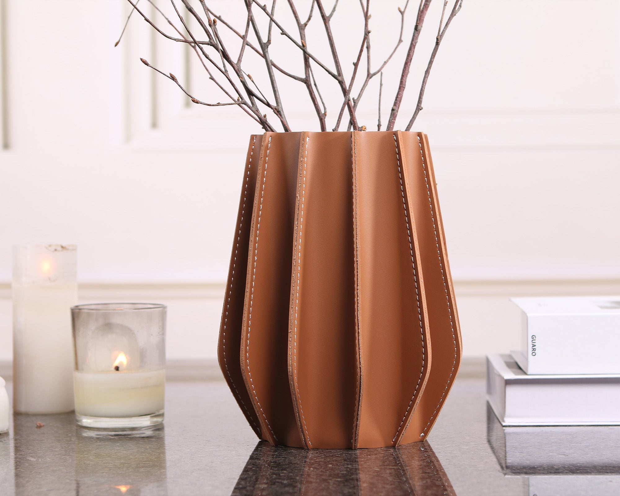 Juana Vase - Brown Leather & Glass