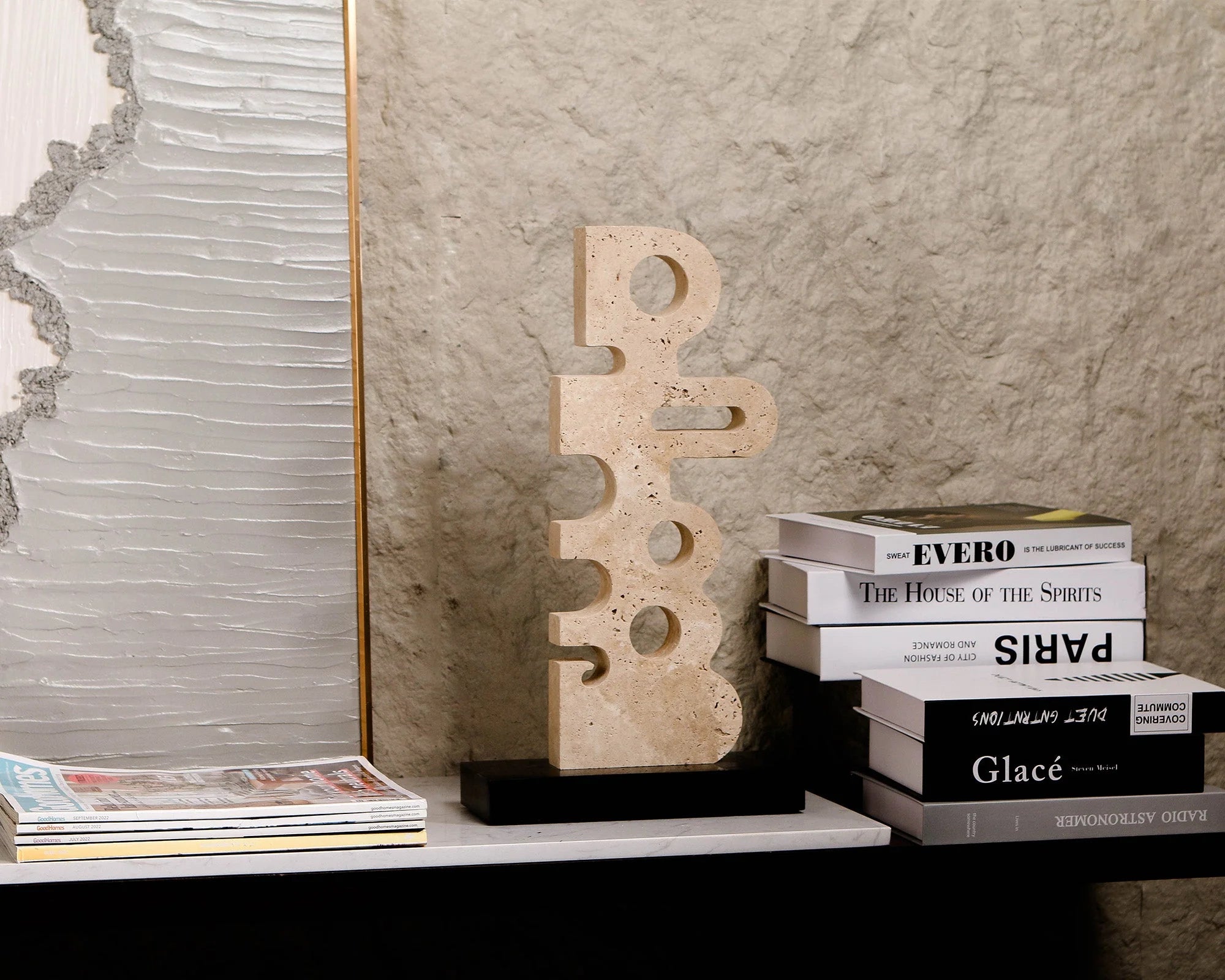 Sculpted Serenity Beige Travertine & Black Marble Sculpture