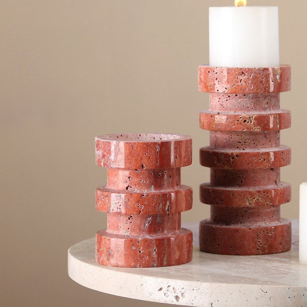 Crimson Rise Red Travertine Candle Holder Small
