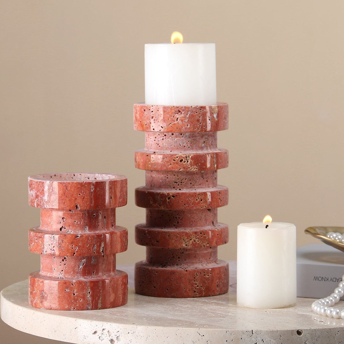 Crimson Rise Red Travertine Candle Holder Large